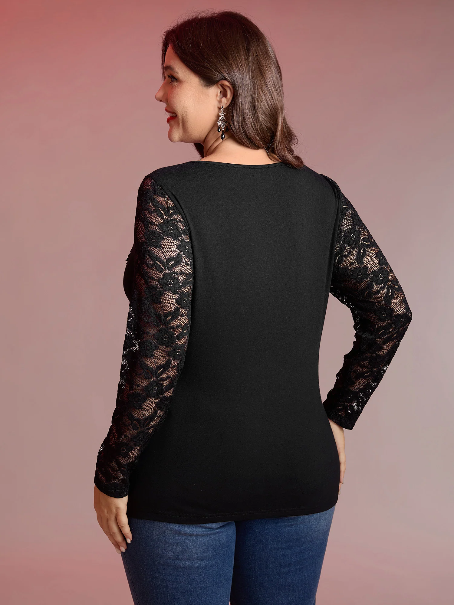 Sheer Lace Fitted Solid T-Shirt - Image 4