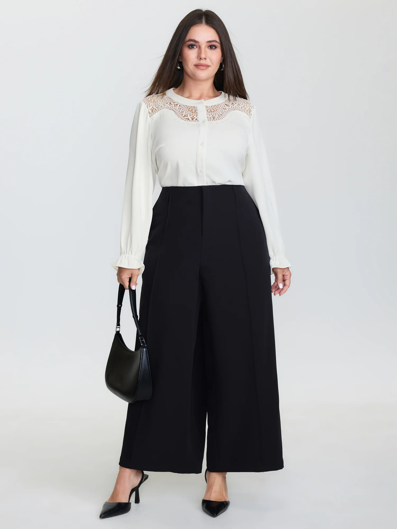 Sheer Neckline Ruffled Cuff Sleeve Blouse - Image 3