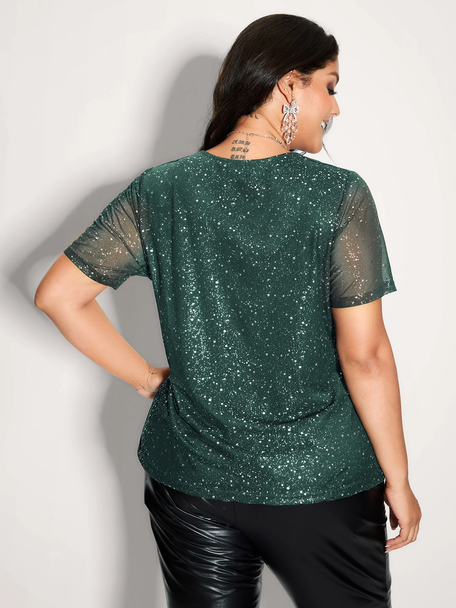Shimmery Wrap Neck Sheer Sleeve T-Shirt - Image 18