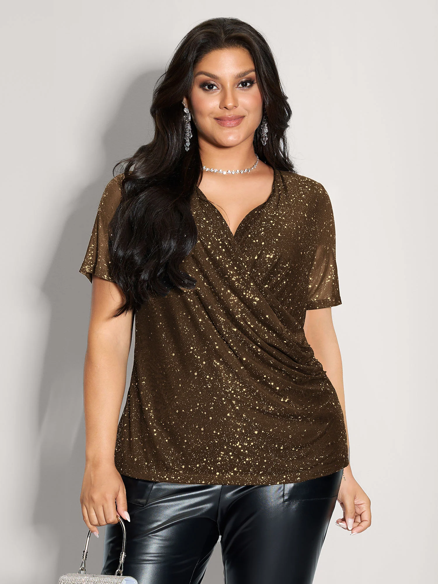 Shimmery Wrap Neck Sheer Sleeve T-Shirt - Image 7