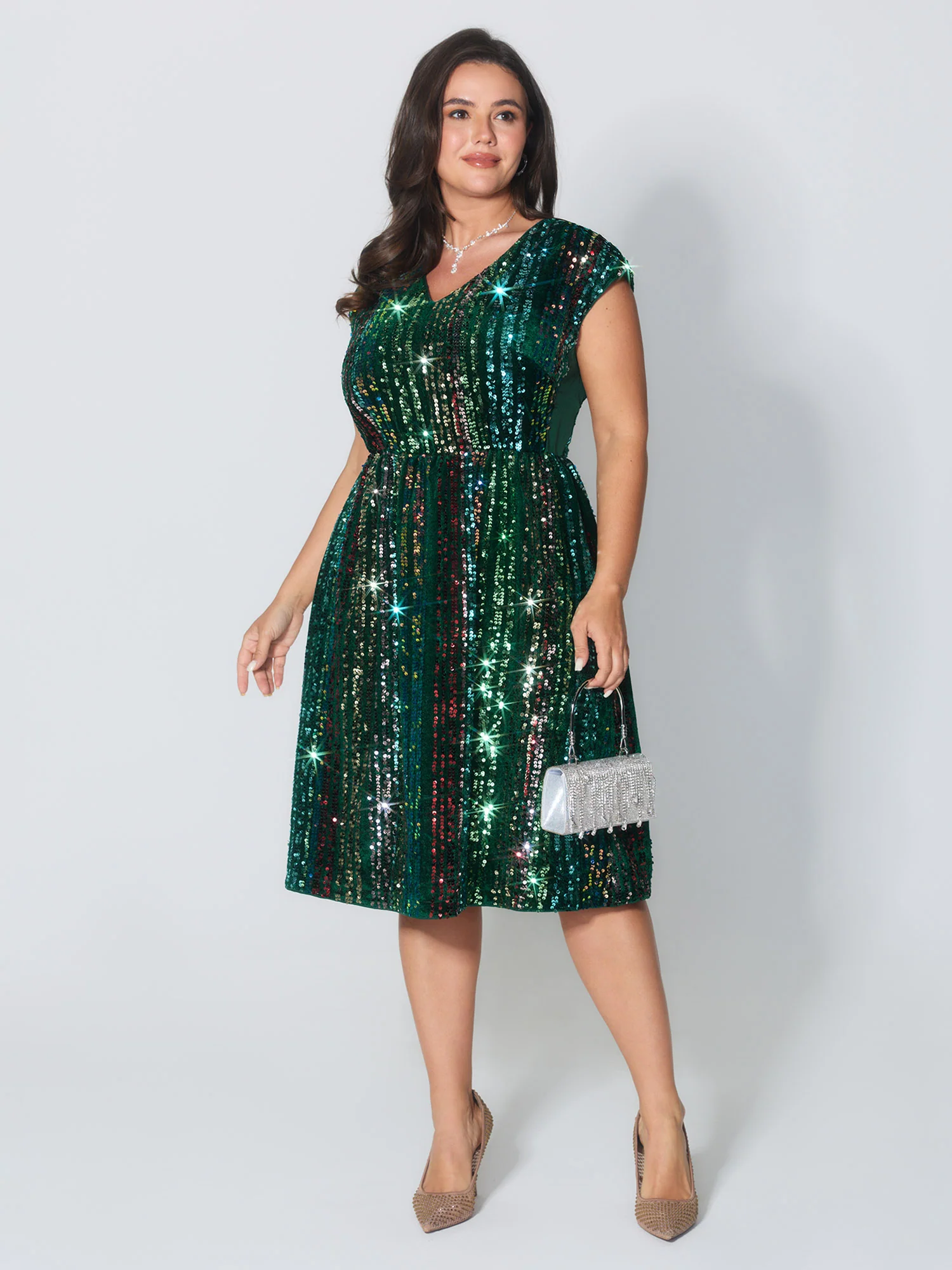 Shimmery Sequin Stripe Cinched-Waist Mini Dress - Image 10
