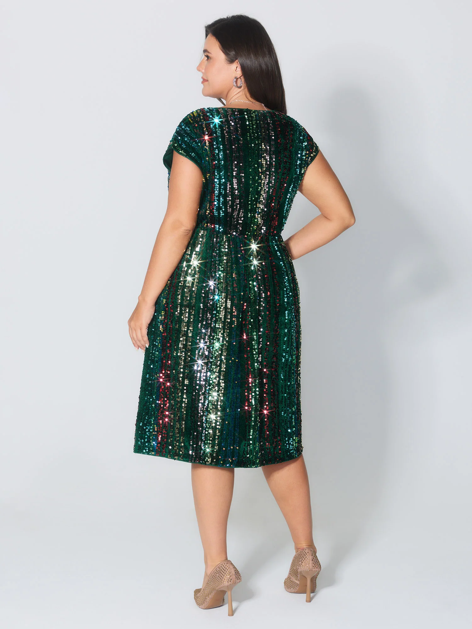 Shimmery Sequin Stripe Cinched-Waist Mini Dress - Image 13