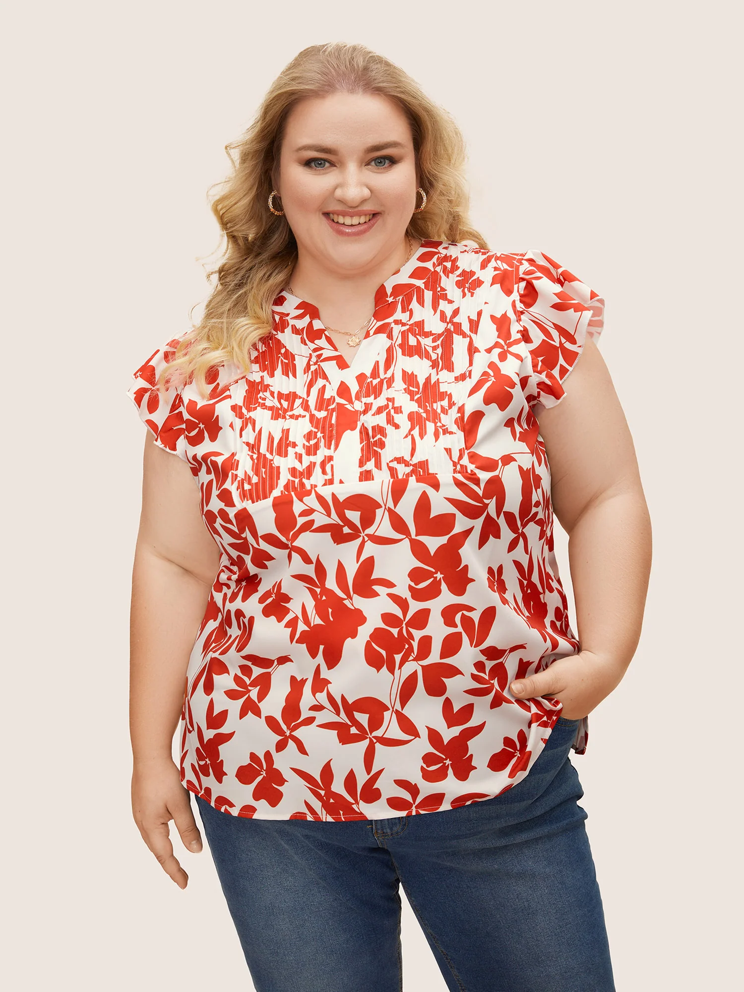 Silhouette Floral Print Notched Collar Pleated Blouse - Image 10