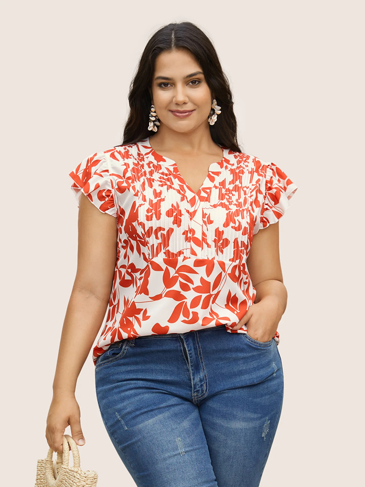 Silhouette Floral Print Notched Collar Pleated Blouse - Image 5