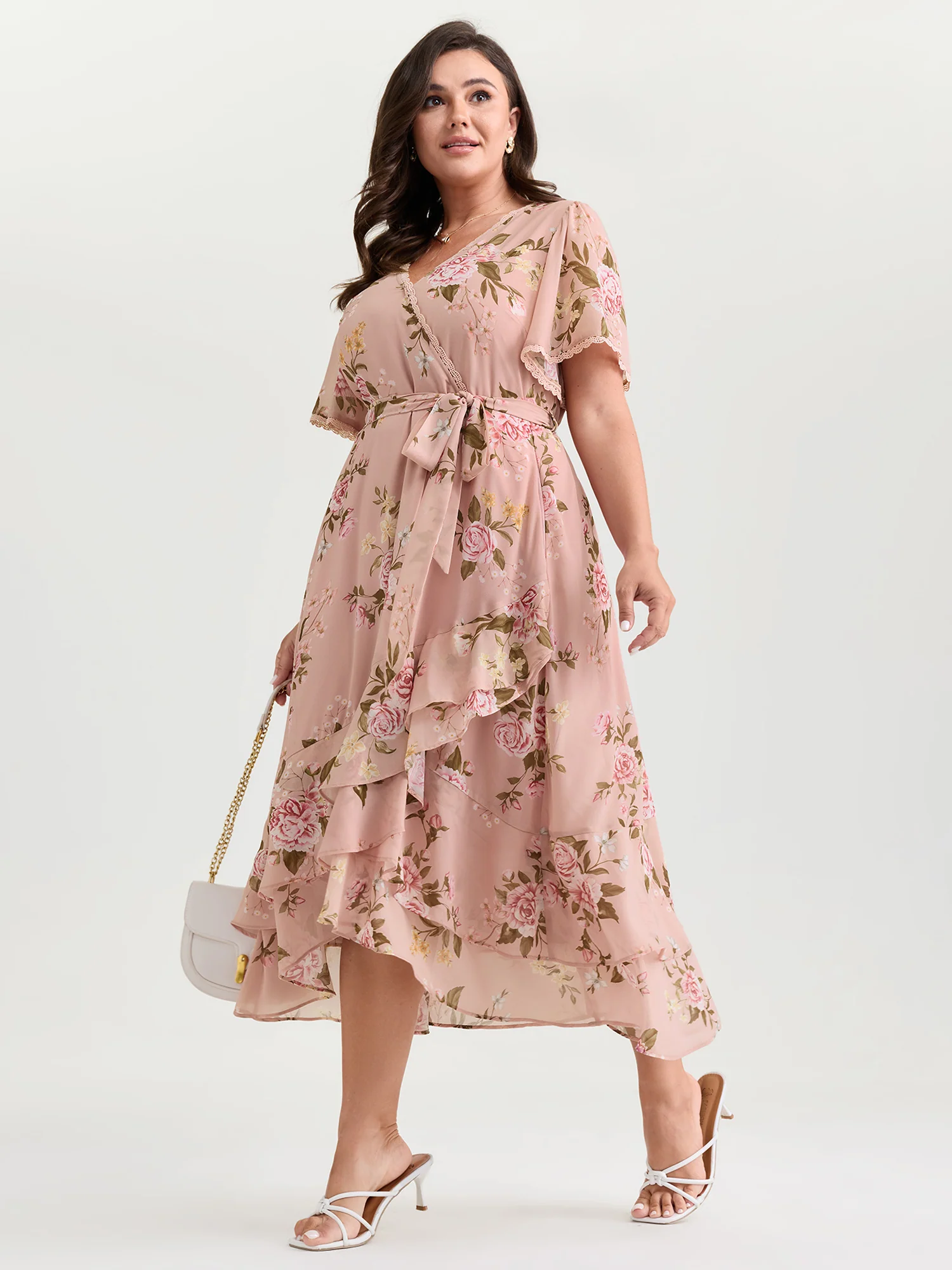 Soft Floral Print Lotus Leaf Hem Midi Dress - Image 3