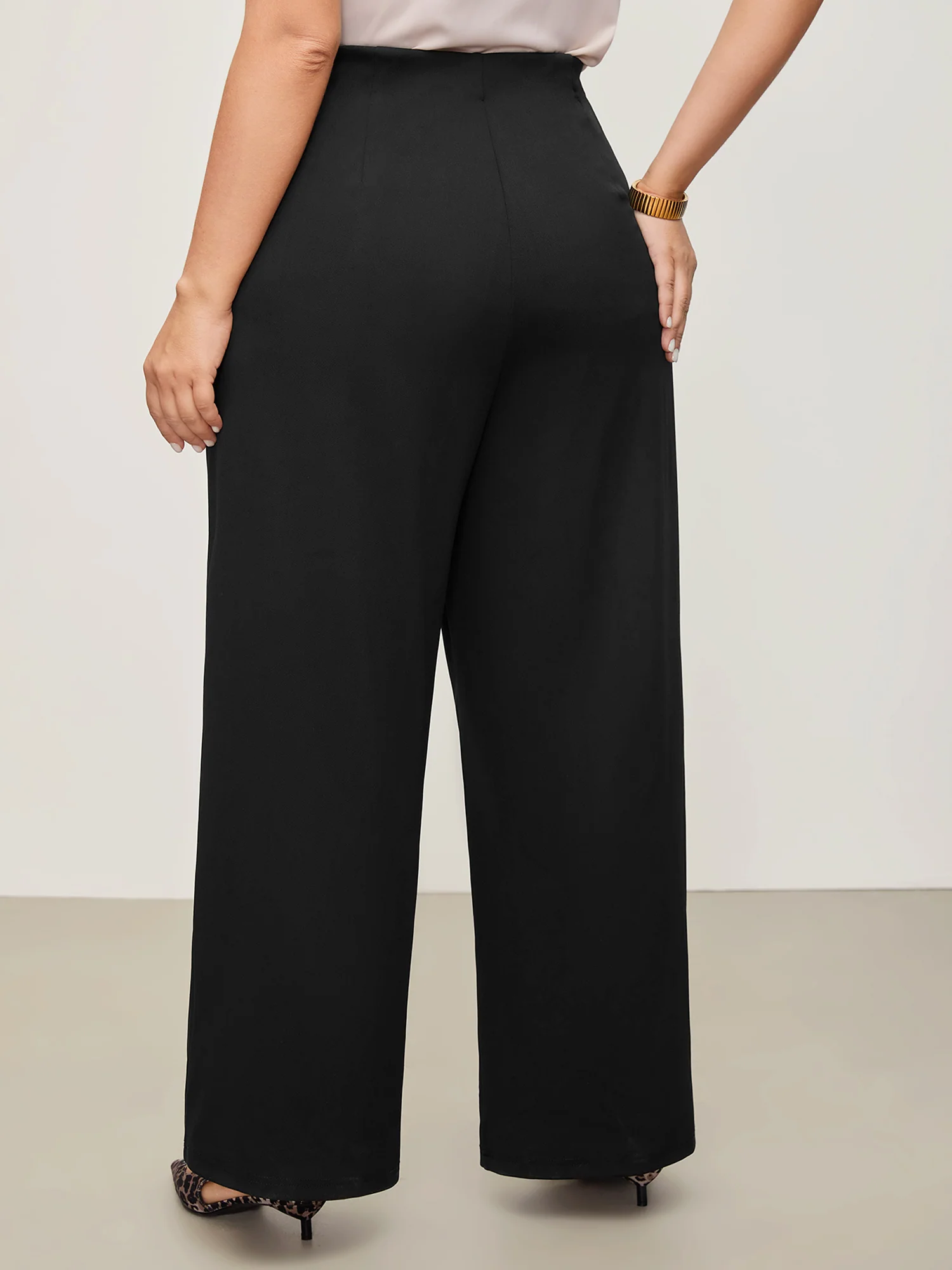 Solid Elastic Waist Pleated Wide Leg Pants - Image 5