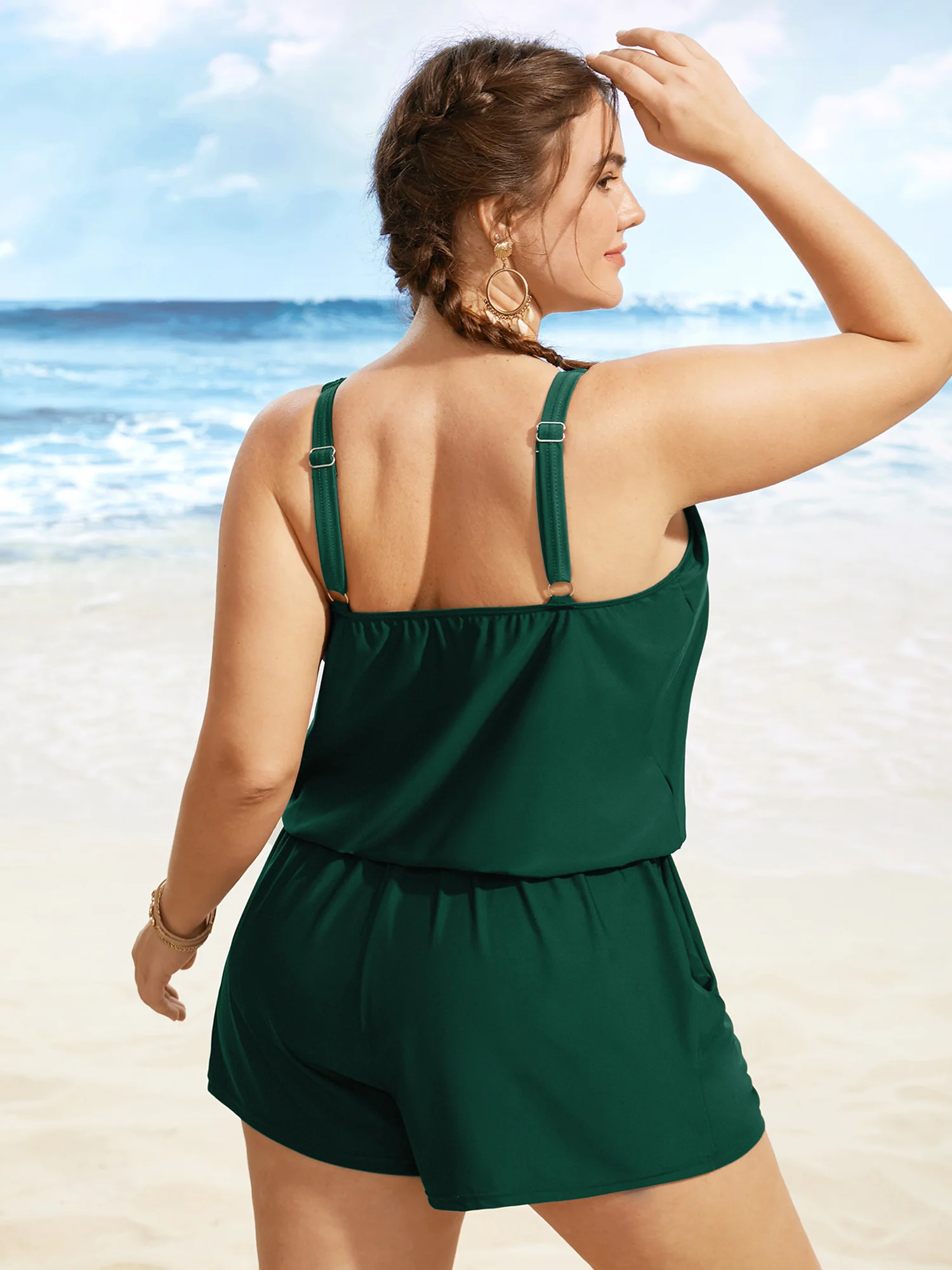 Solid Keyhole Elastic Waist Gathered One Piece Swimsuit - Image 18