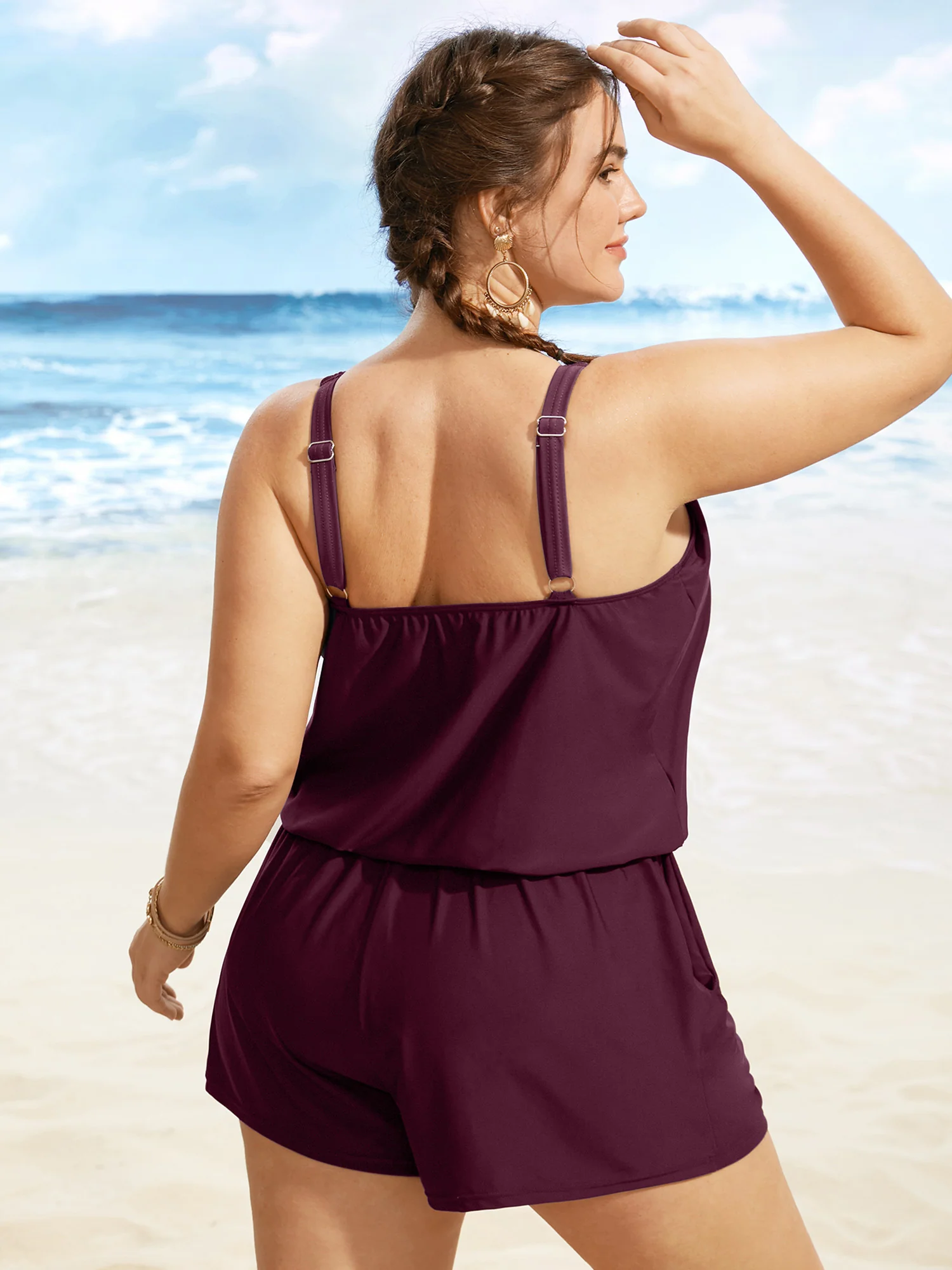 Solid Keyhole Elastic Waist Gathered One Piece Swimsuit - Image 26
