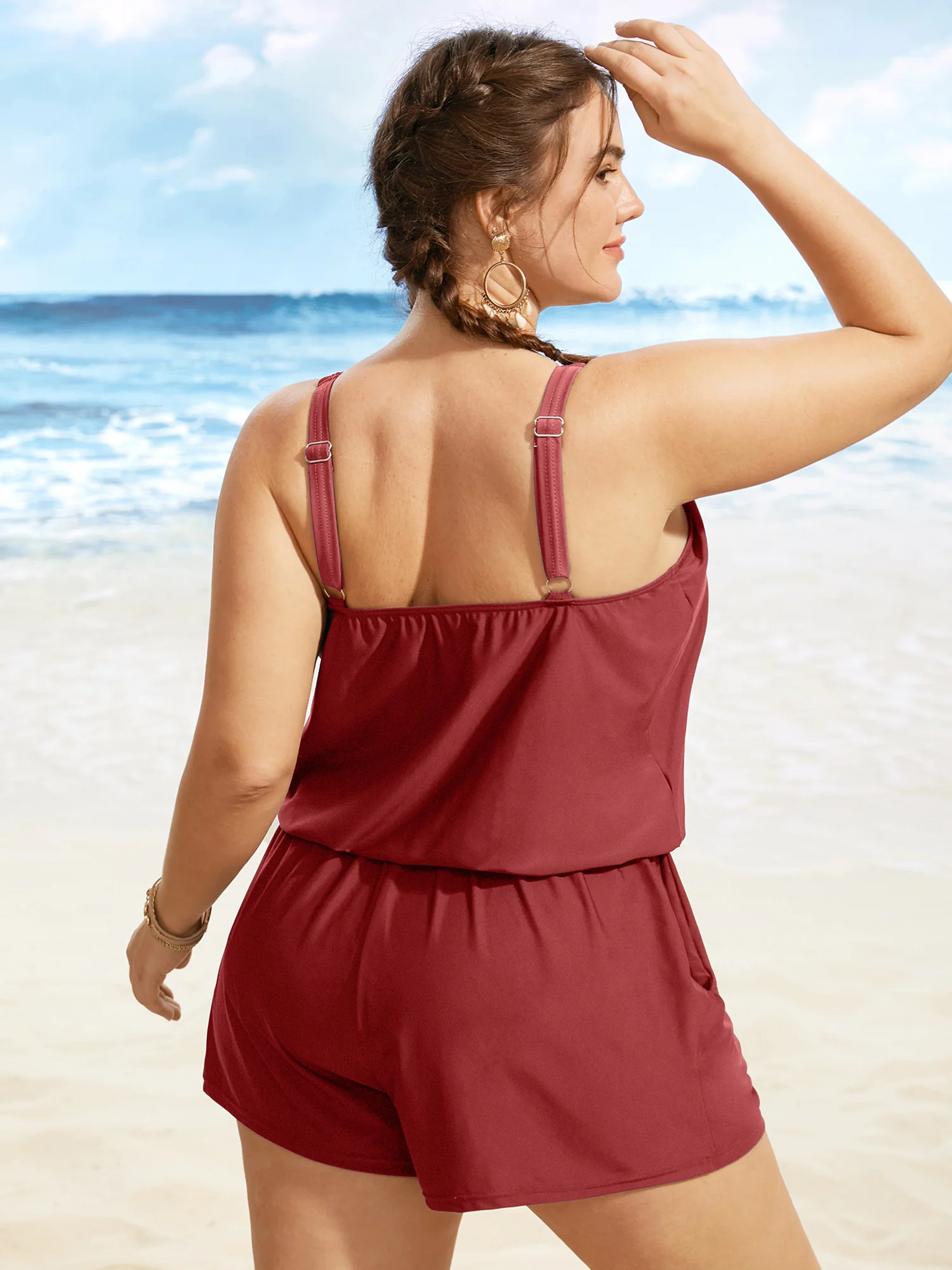 Solid Keyhole Elastic Waist Gathered One Piece Swimsuit - Image 30