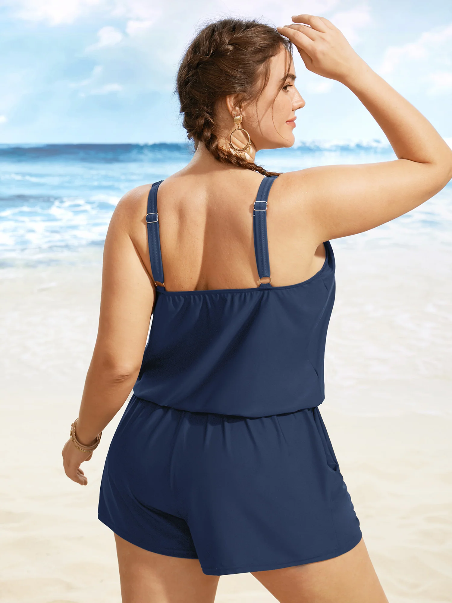 Solid Keyhole Elastic Waist Gathered One Piece Swimsuit - Image 34