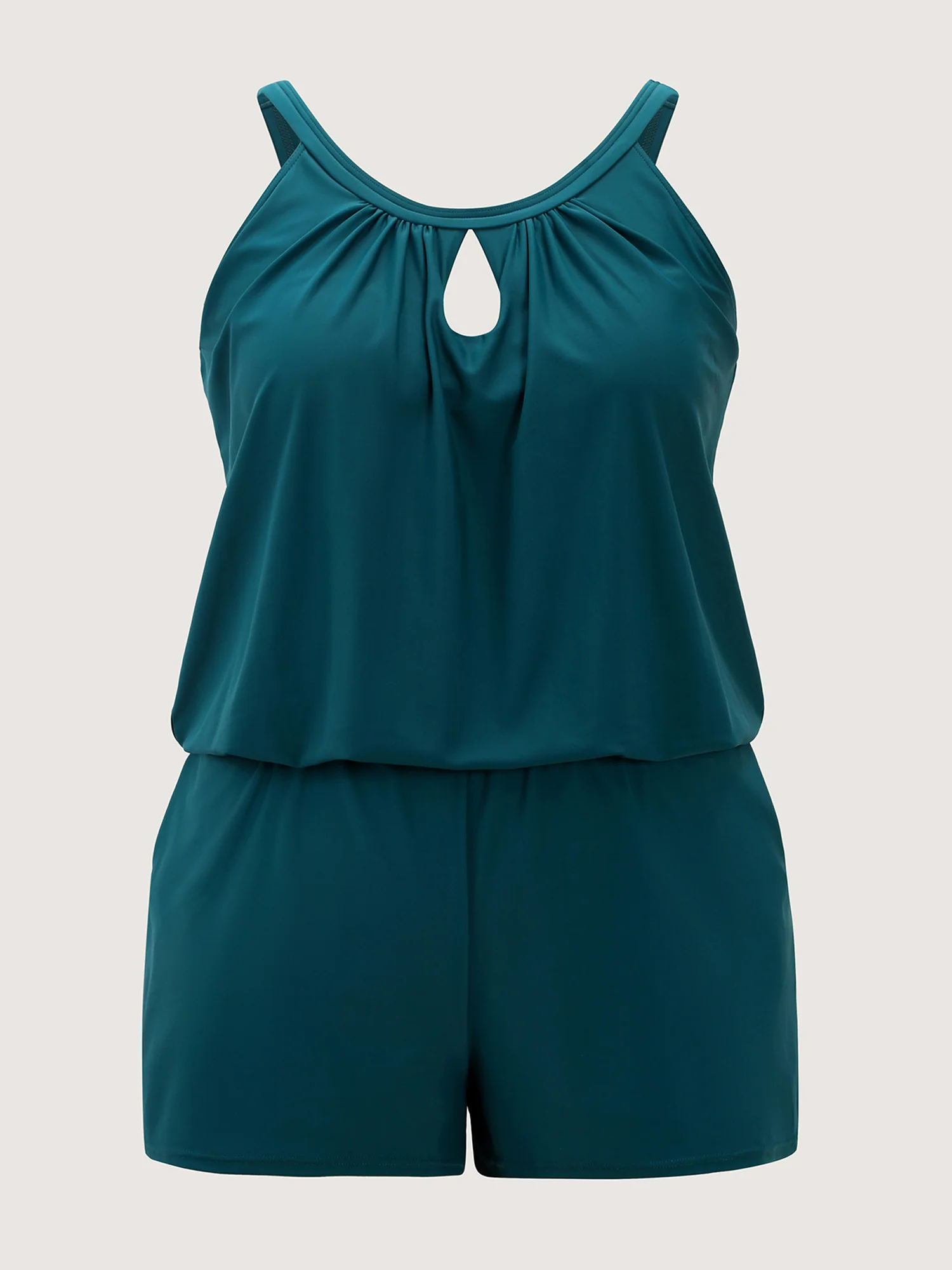 Solid Keyhole Elastic Waist Gathered One Piece Swimsuit - Image 41