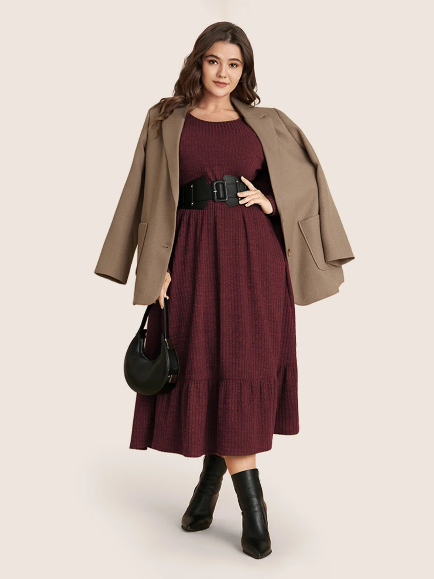 Solid Pocket Rib Knit Ruffle Hem Dress Without Belt - Image 10
