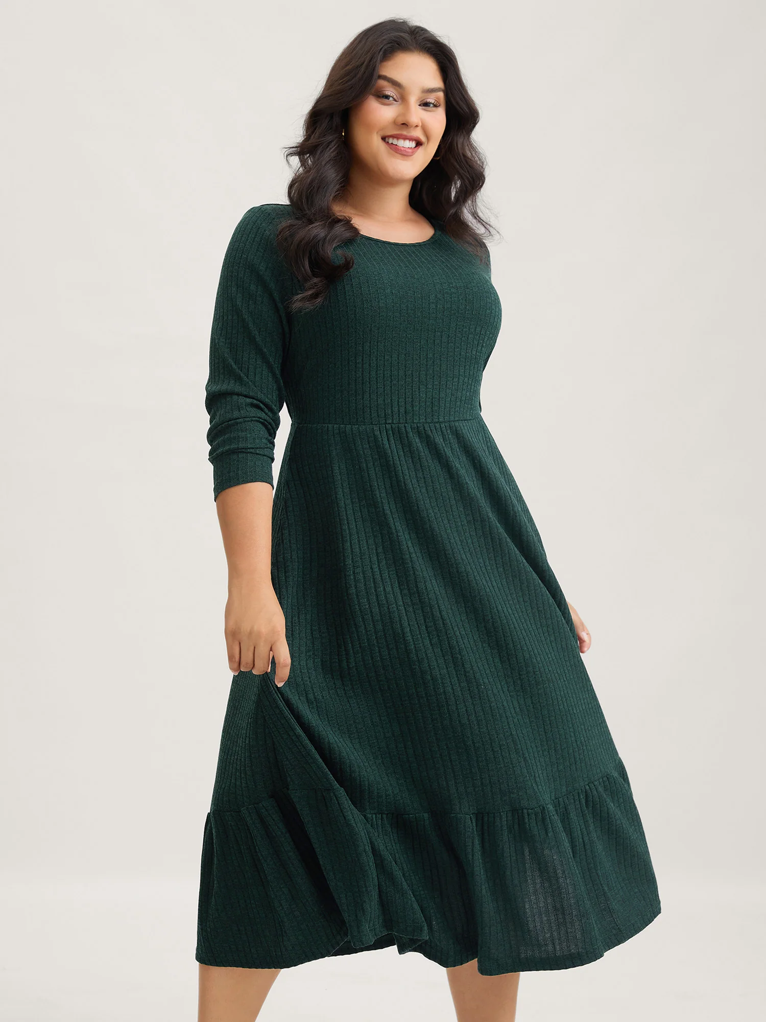 Solid Pocket Rib Knit Ruffle Hem Dress Without Belt - Image 11