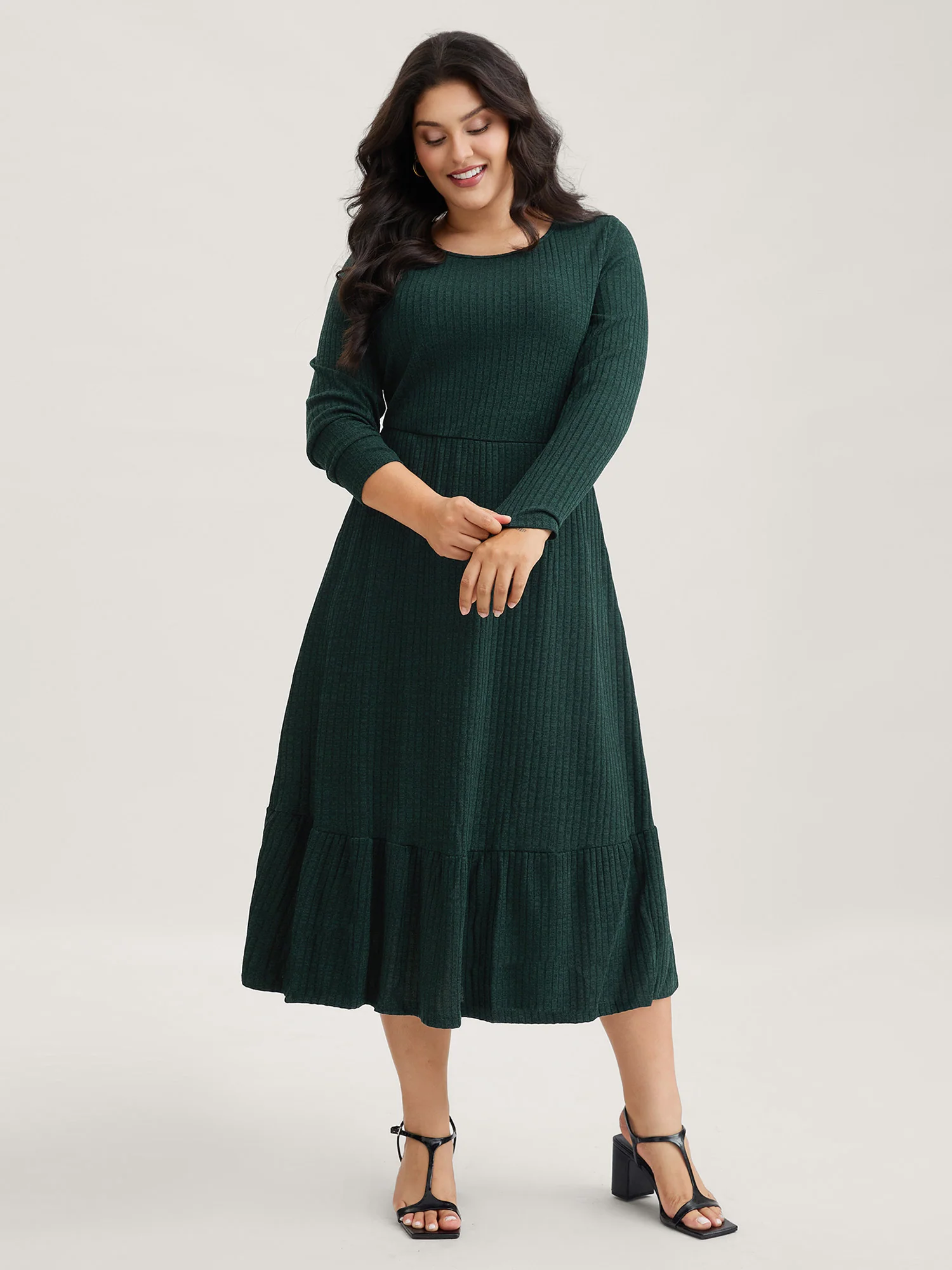 Solid Pocket Rib Knit Ruffle Hem Dress Without Belt - Image 14