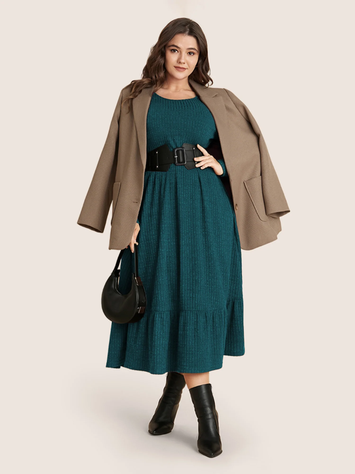 Solid Pocket Rib Knit Ruffle Hem Dress Without Belt - Image 5