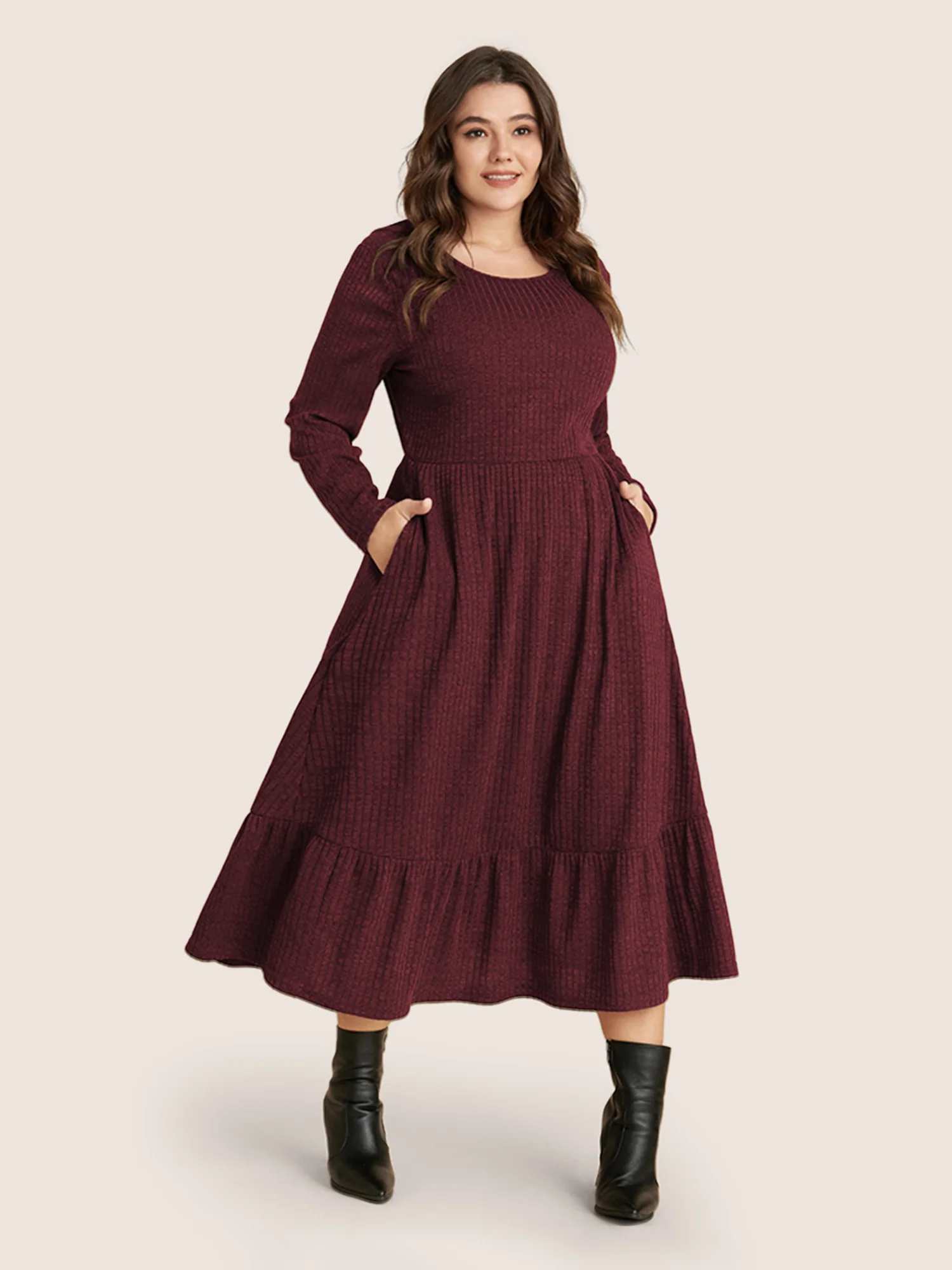 Solid Pocket Rib Knit Ruffle Hem Dress Without Belt - Image 6
