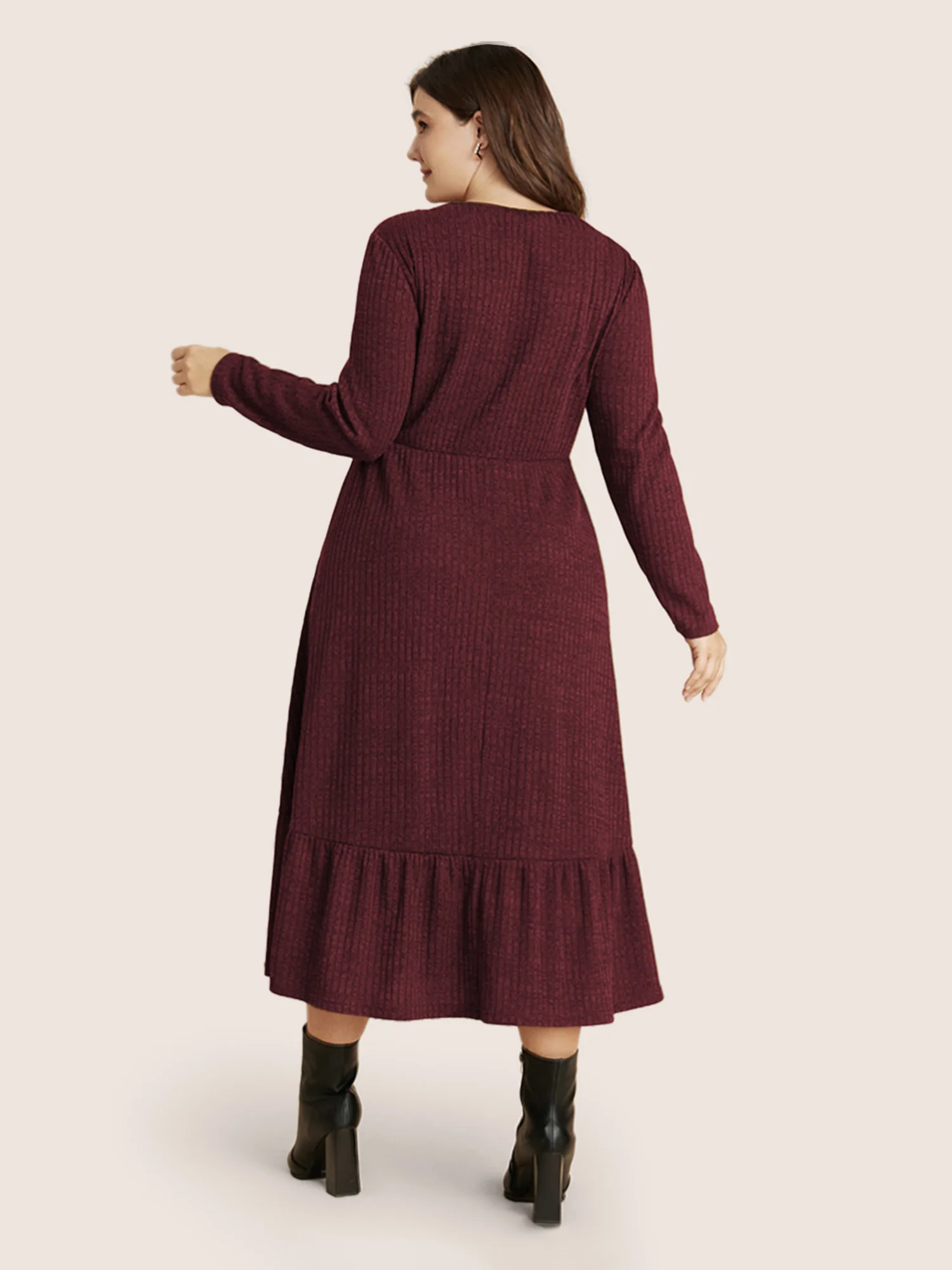 Solid Pocket Rib Knit Ruffle Hem Dress Without Belt - Image 7