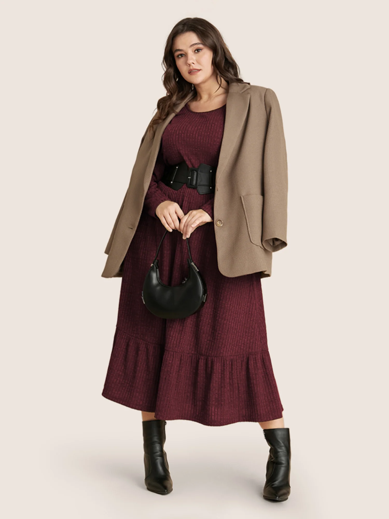 Solid Pocket Rib Knit Ruffle Hem Dress Without Belt - Image 8