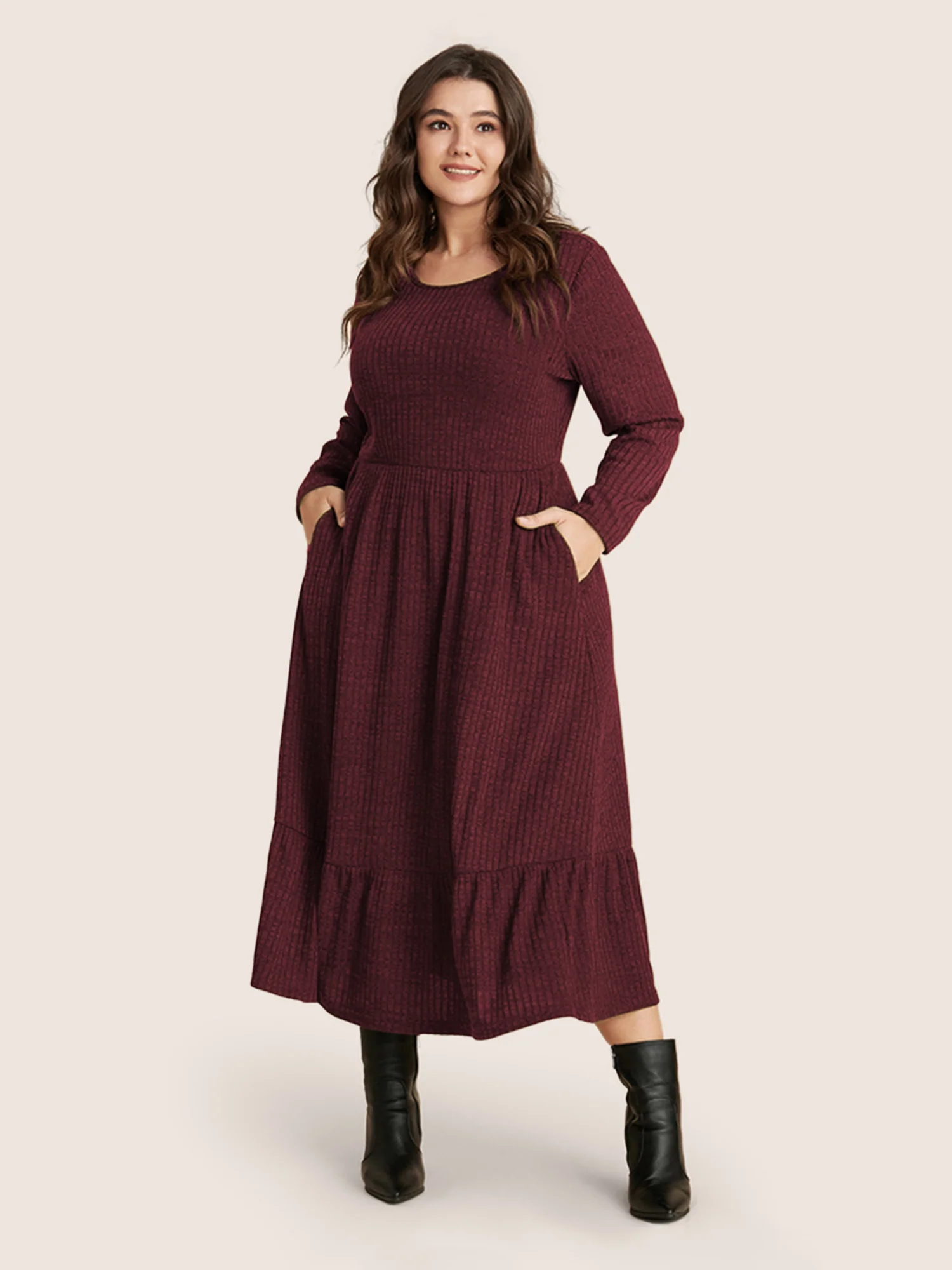 Solid Pocket Rib Knit Ruffle Hem Dress Without Belt - Image 9