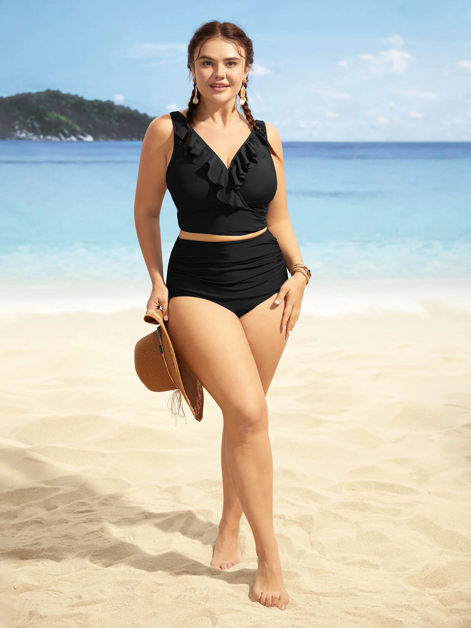 Solid Ruffle Surplice Neck Trim Swim Top - Image 9