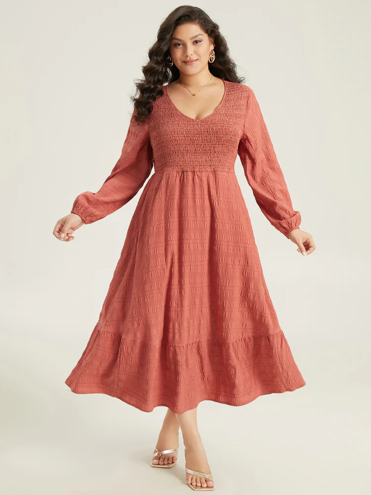 Solid Shirred Plisse Flutter Hem Dress