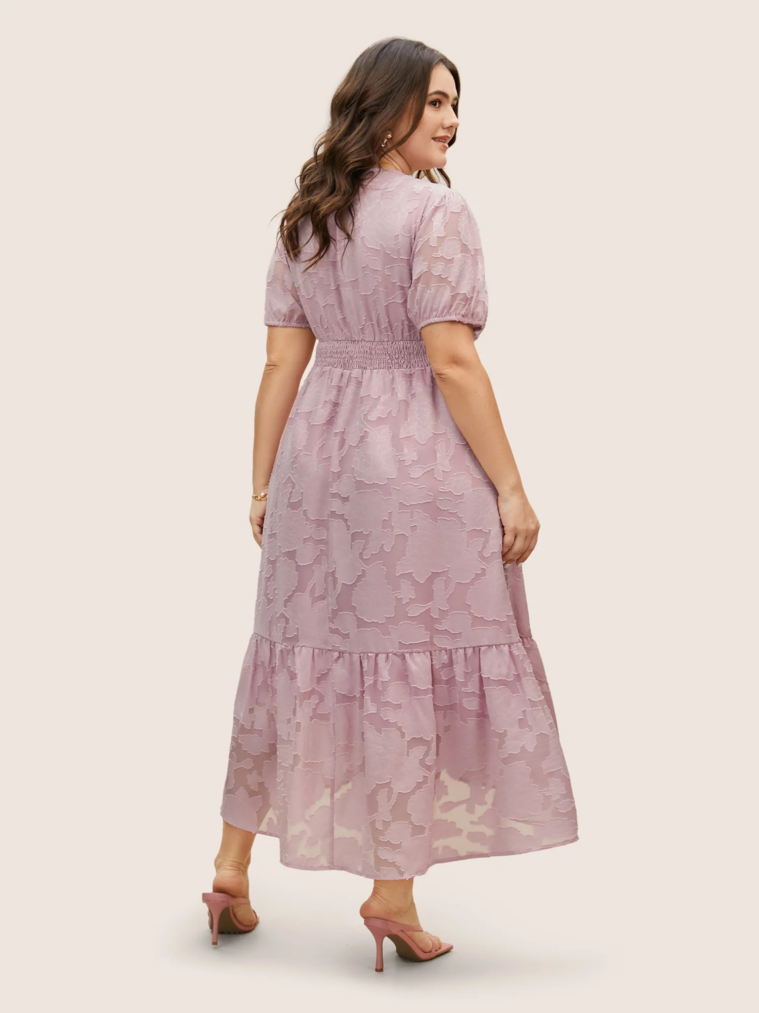 Solid Textured Lantern Sleeve Button Detail Dress - Image 4
