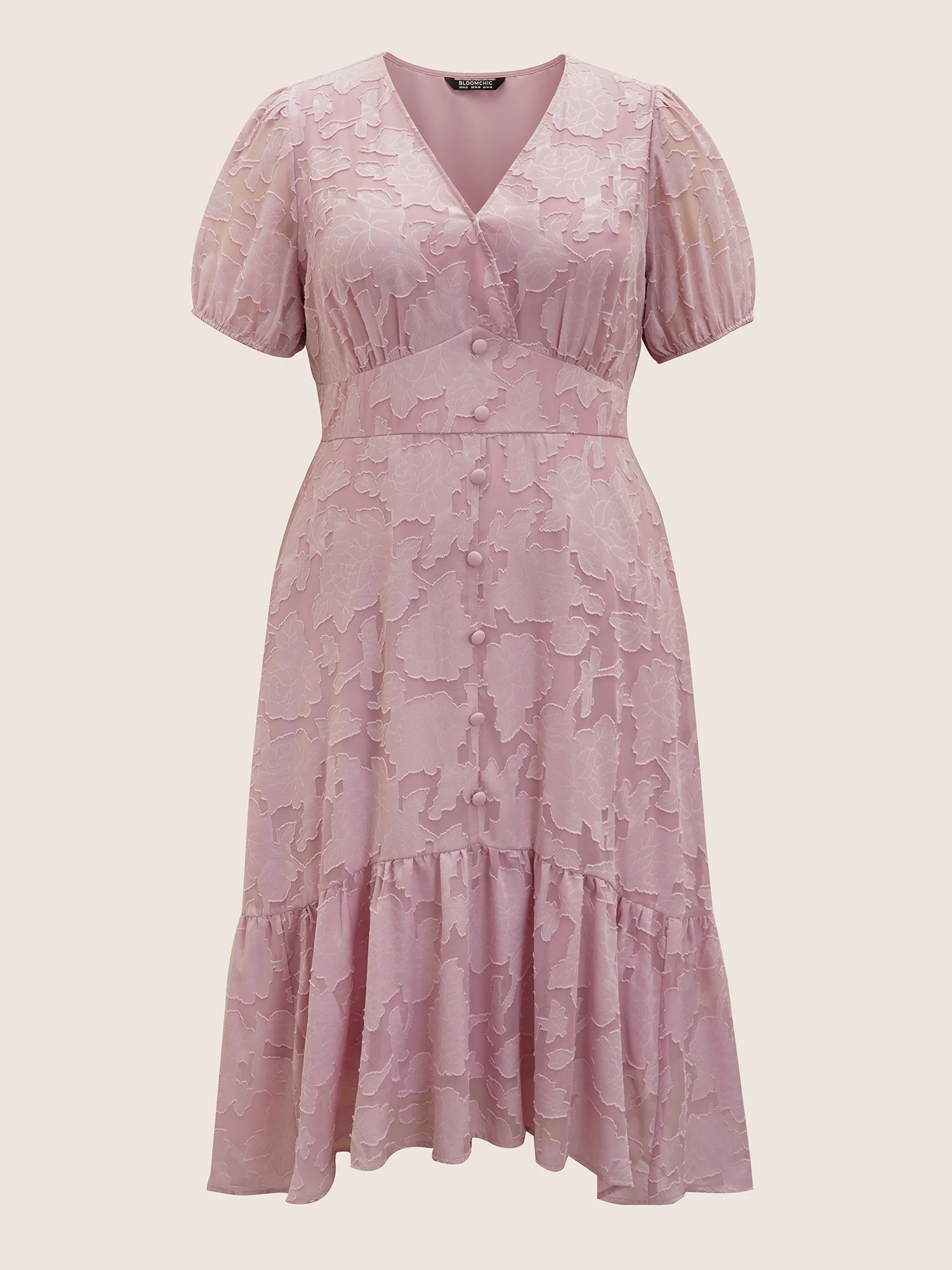 Solid Textured Lantern Sleeve Button Detail Dress - Image 6