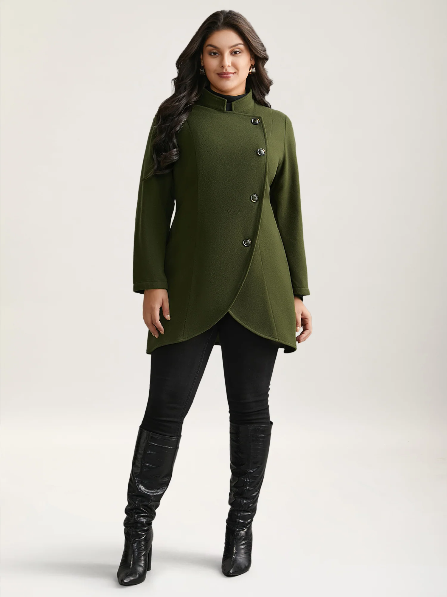 Solid Wrap Button Up Asymmetrical Hem Coat - Image 3