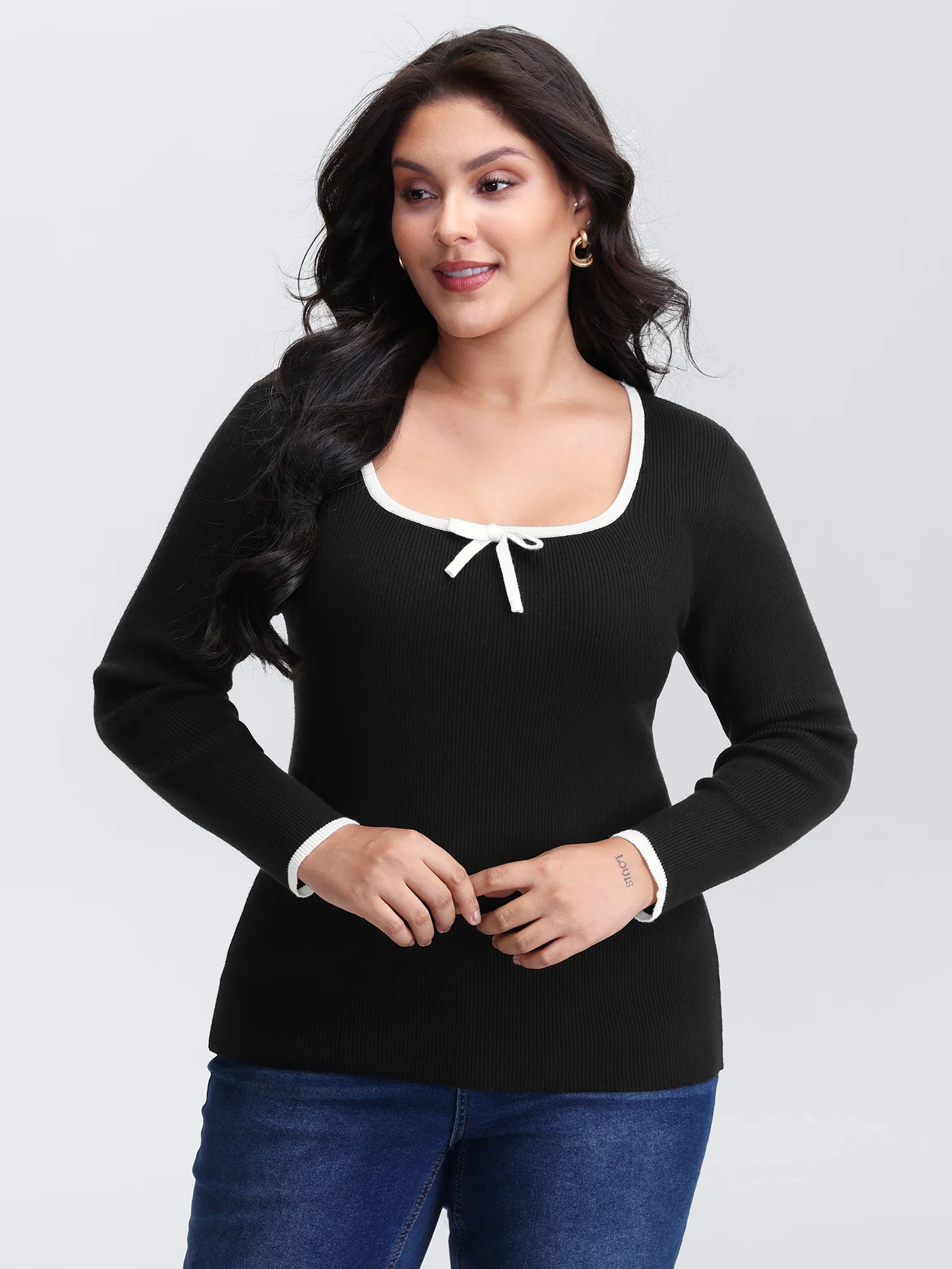 Square Neck Bowknot Fitted Pullover - Image 2