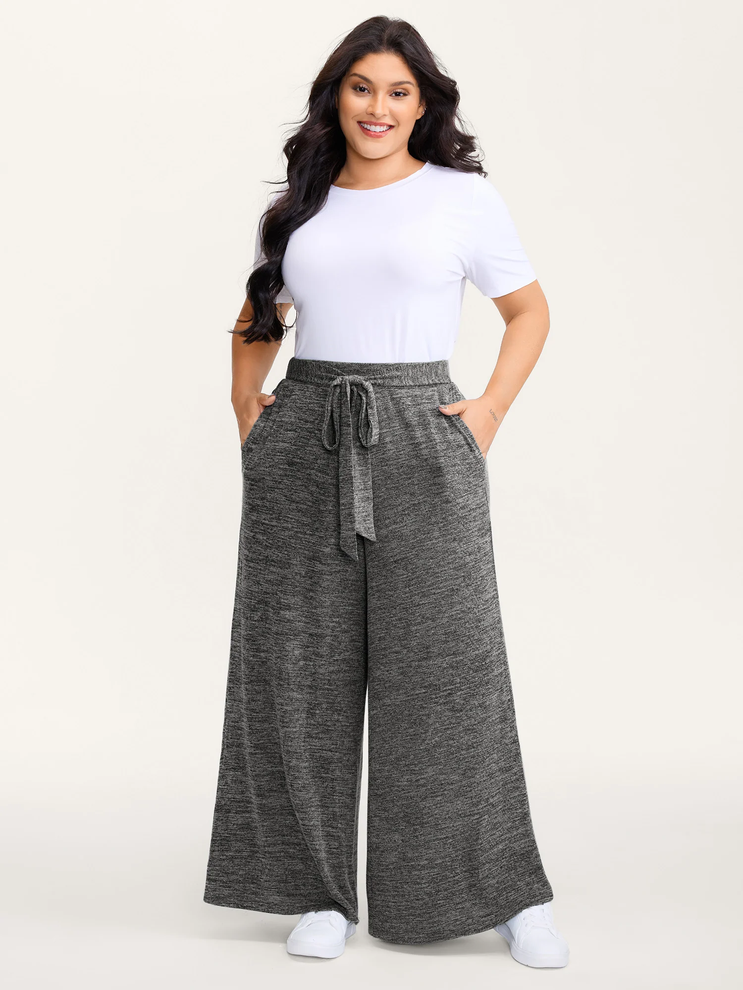 Stretchy Mixed-Color Belted Wide-Leg Pants - Image 2