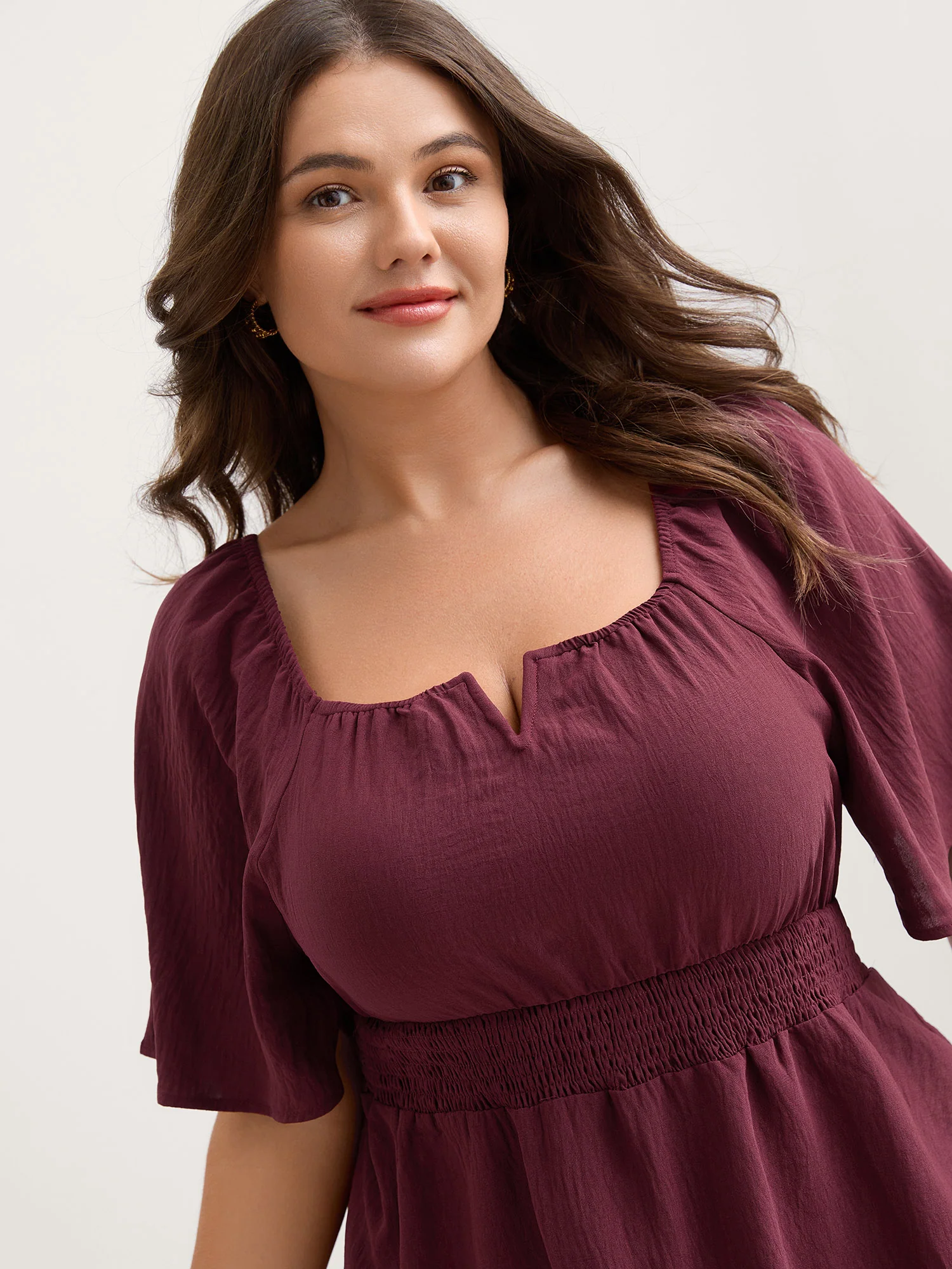 Stretchy Neckline Waist-Cinched Solid Blouse - Image 5