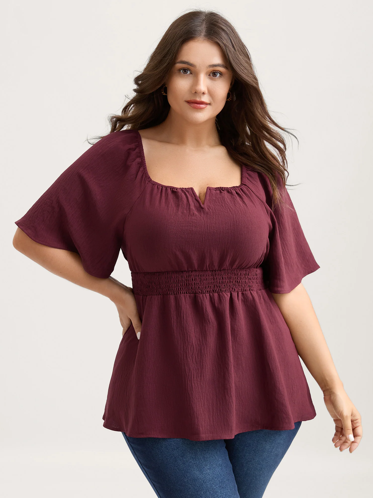 Stretchy Neckline Waist-Cinched Solid Blouse - Image 6