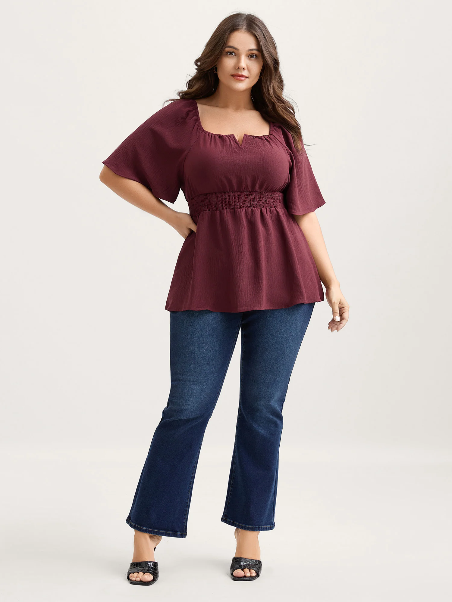 Stretchy Neckline Waist-Cinched Solid Blouse - Image 7
