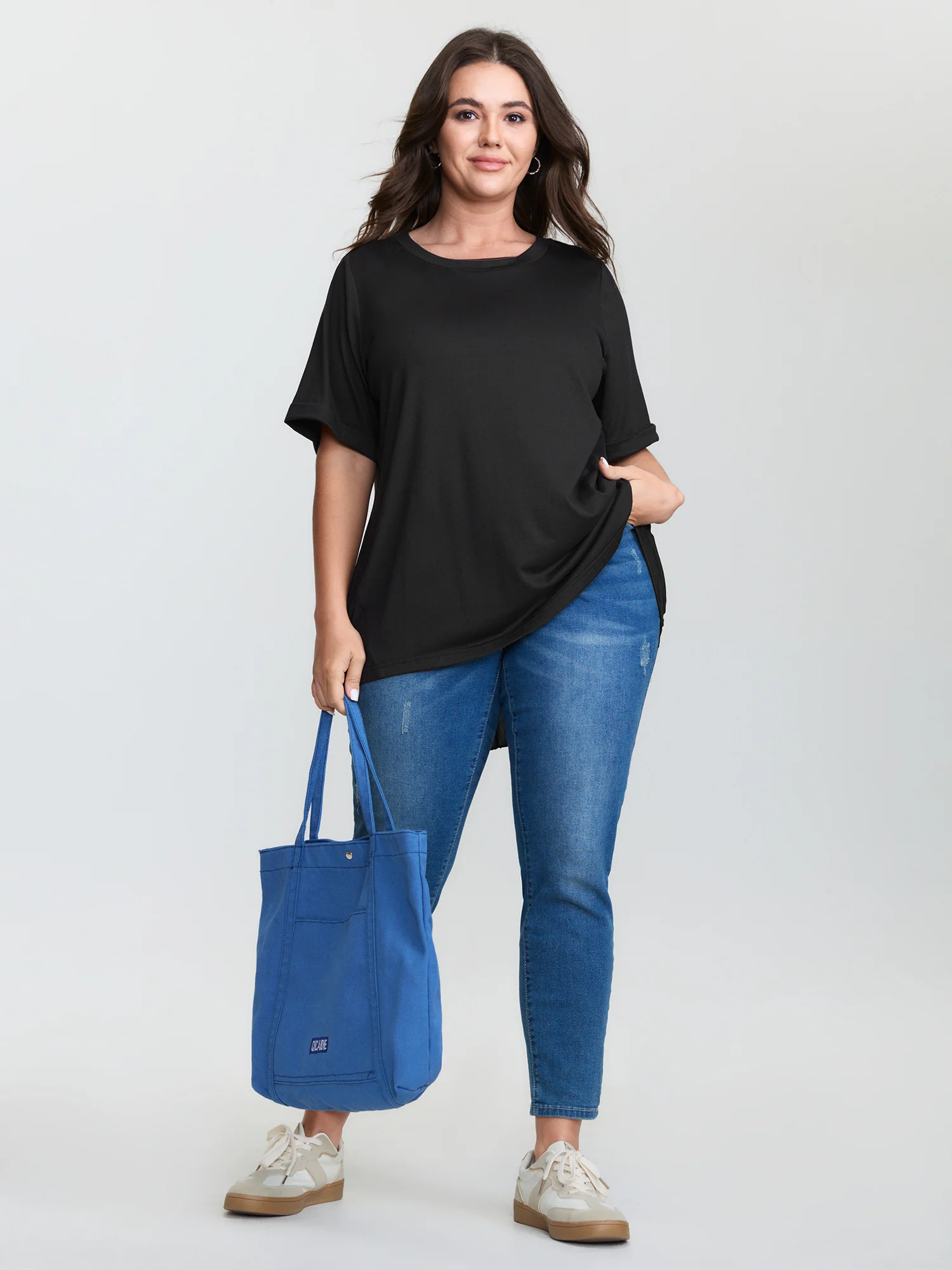 Stretchy Round Neck Rolled Cuff Sleeve T-Shirt - Image 3