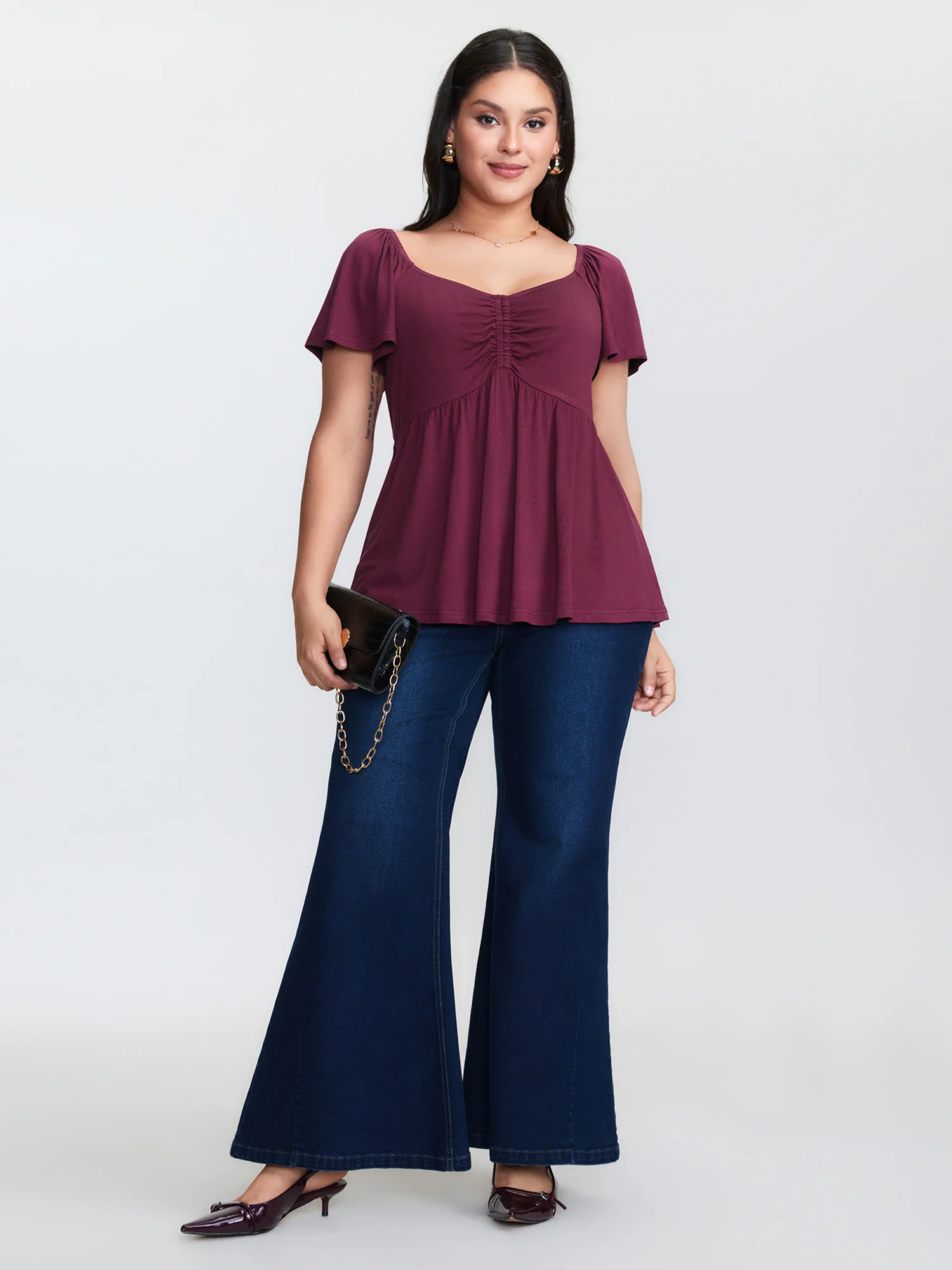 Stretchy Ruched Bodice Pleated Knit Top - Image 3