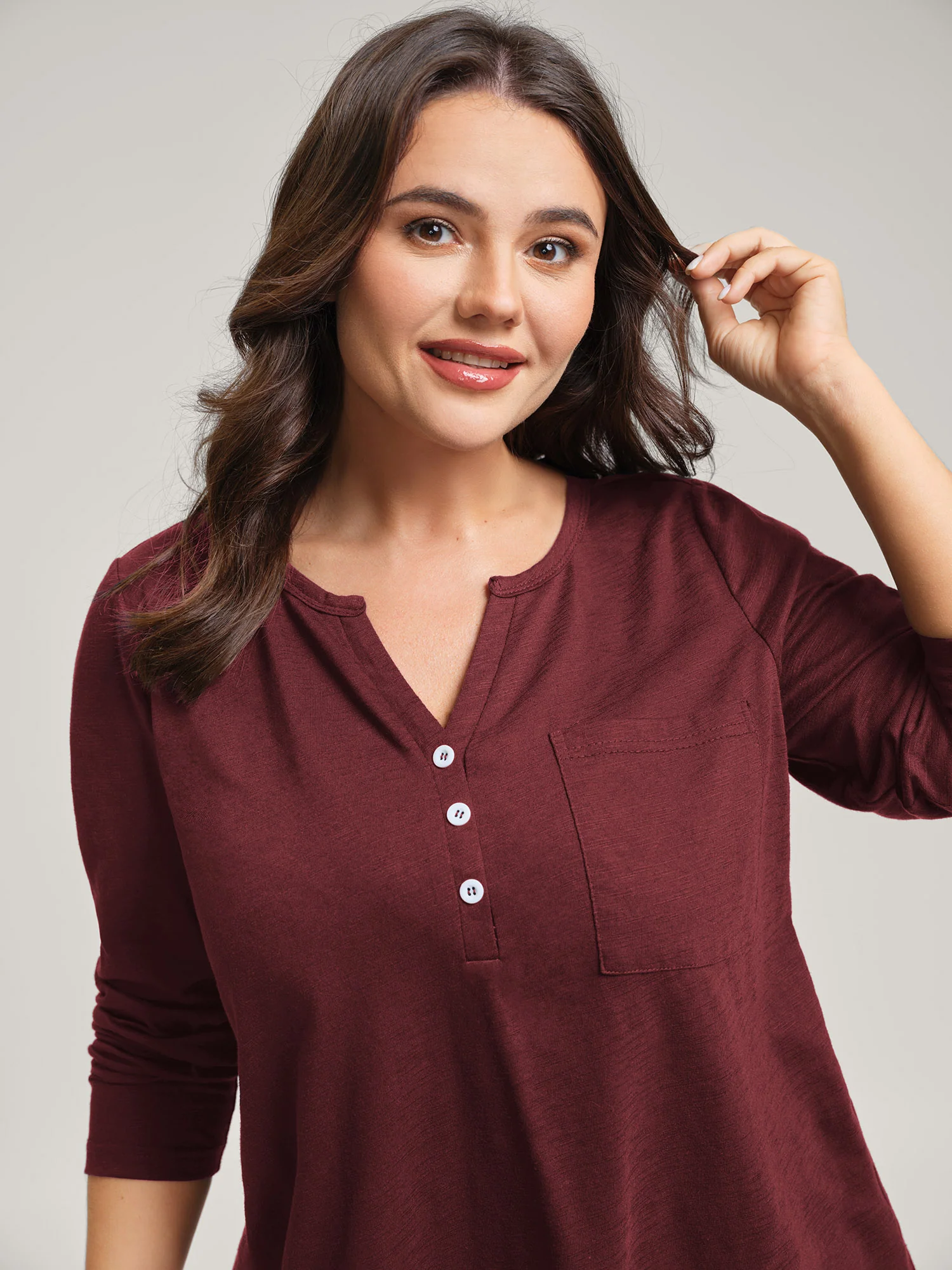 Stretchy Split Button Neckline Basic T-Shirt - Image 2