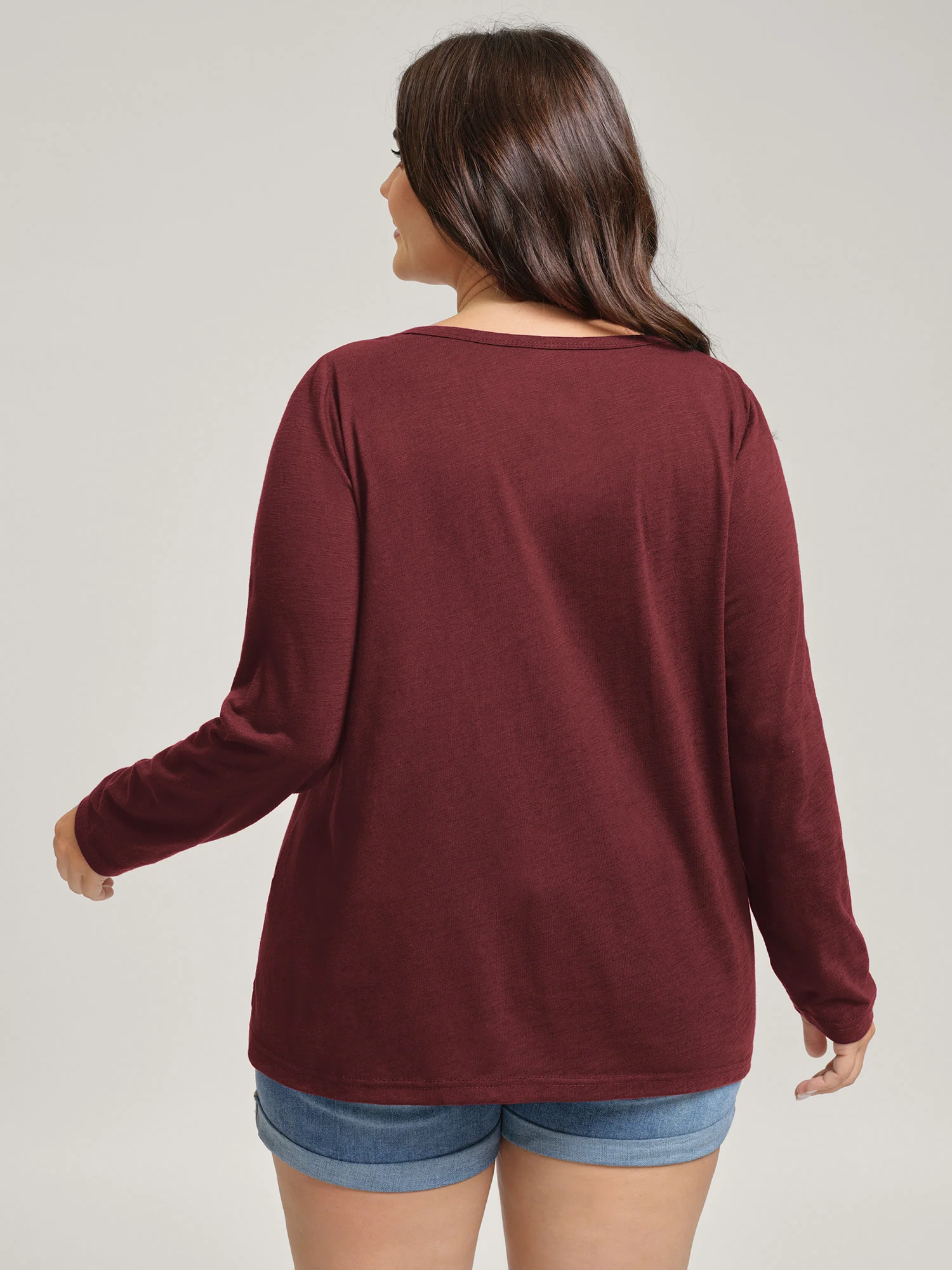 Stretchy Split Button Neckline Basic T-Shirt - Image 4