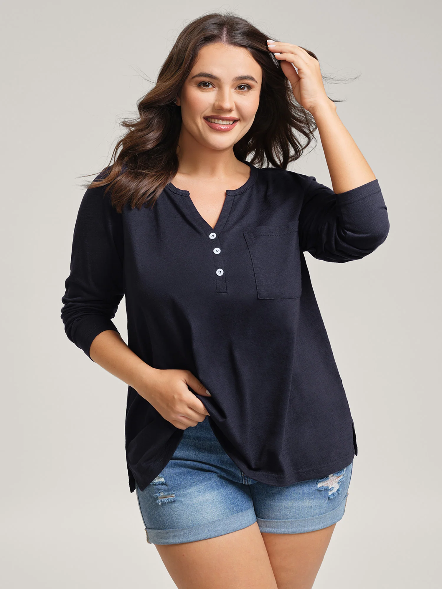 Stretchy Split Button Neckline Basic T-Shirt - Image 5