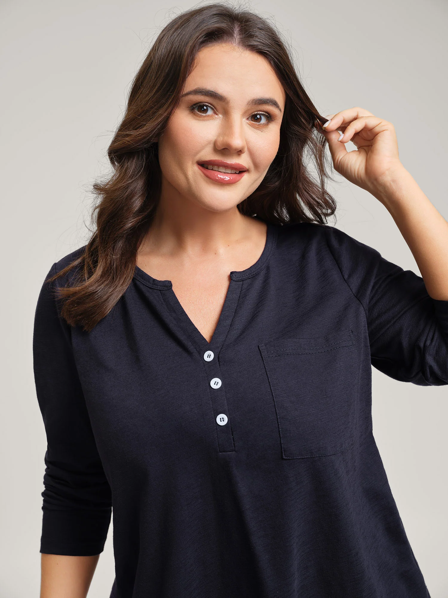 Stretchy Split Button Neckline Basic T-Shirt - Image 6