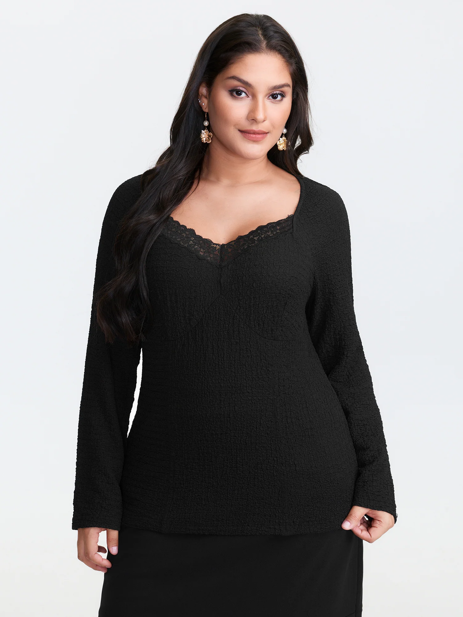 Stretchy Textured Lace Trim Fitted Knit Top - Image 2