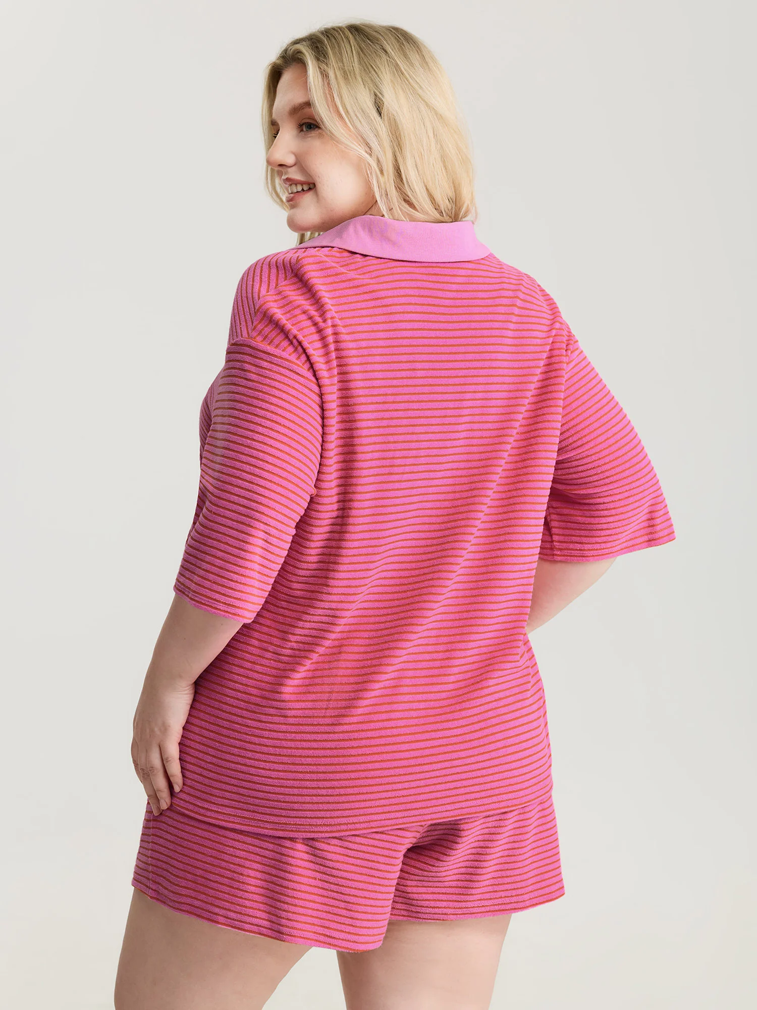 Striped Color Contrast Collar Terry Cloth Two-Piece Set - Image 7