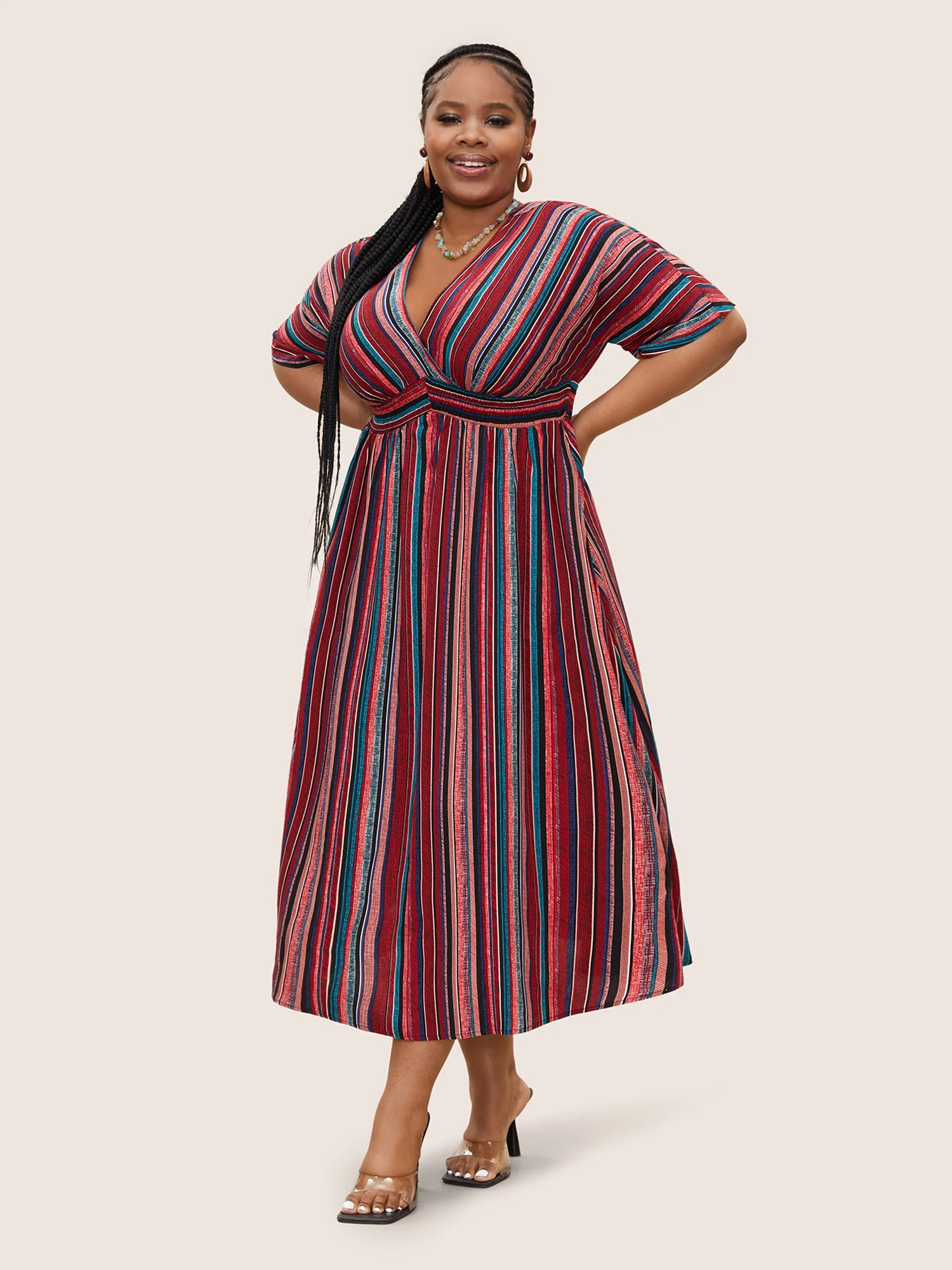 Striped Contrast Dolman Sleeve Shirred Pocket Split Flutter Dress - Image 24