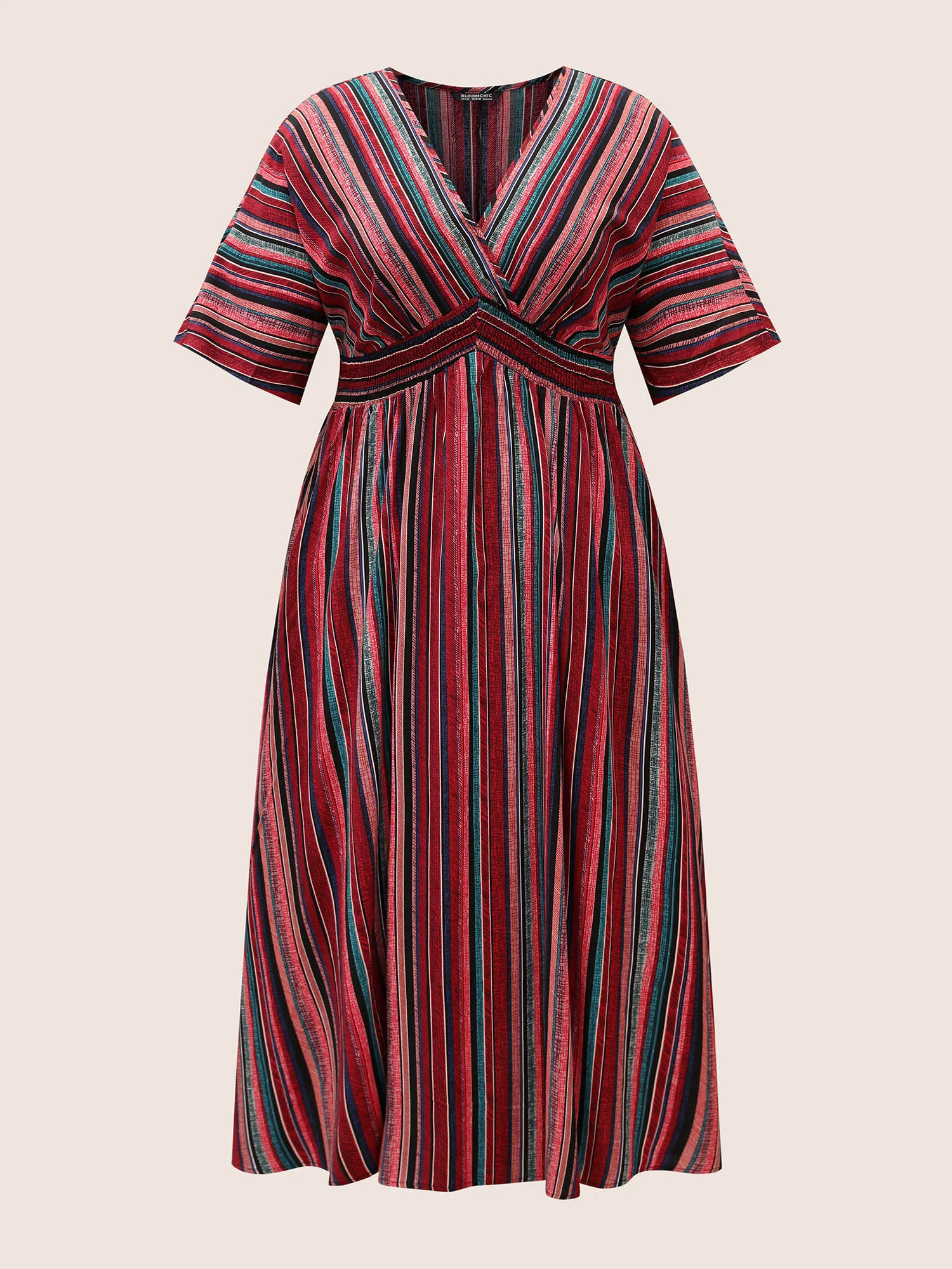 Striped Contrast Dolman Sleeve Shirred Pocket Split Flutter Dress - Image 29