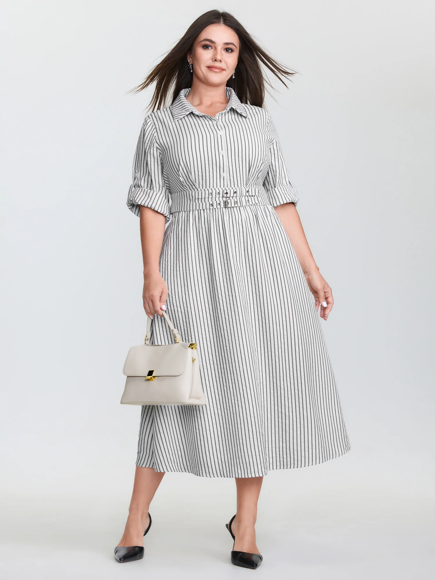 Striped Tab Sleeve Double Belt Midi Shirt Dress