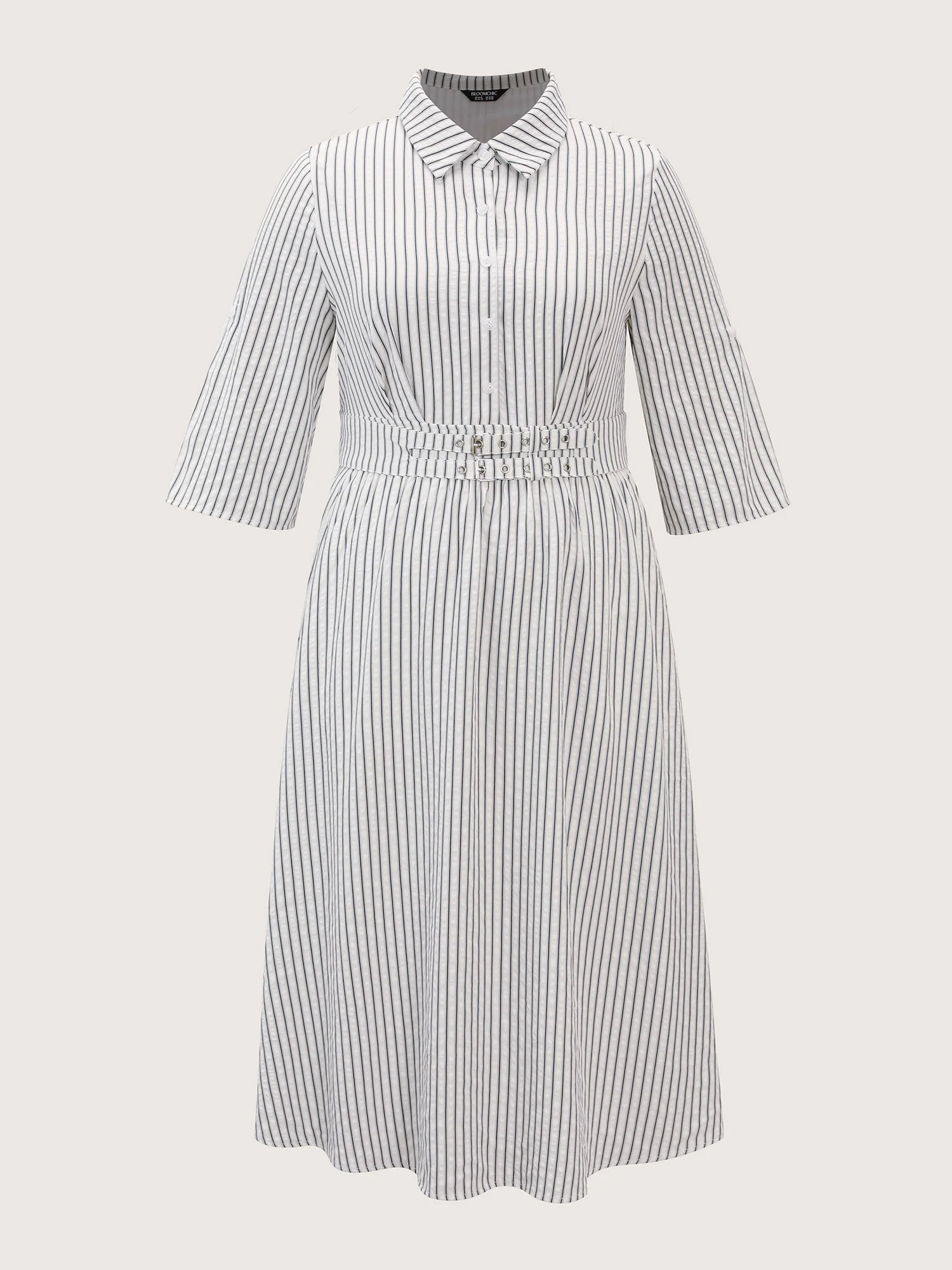 Striped Tab Sleeve Double Belt Midi Shirt Dress - Image 7