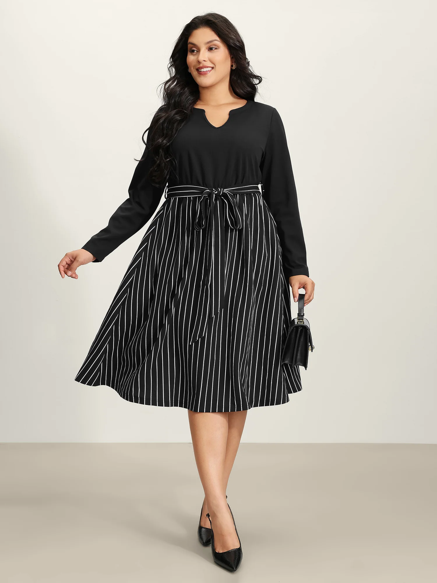Stripes Color Contrast Belted Midi Dress