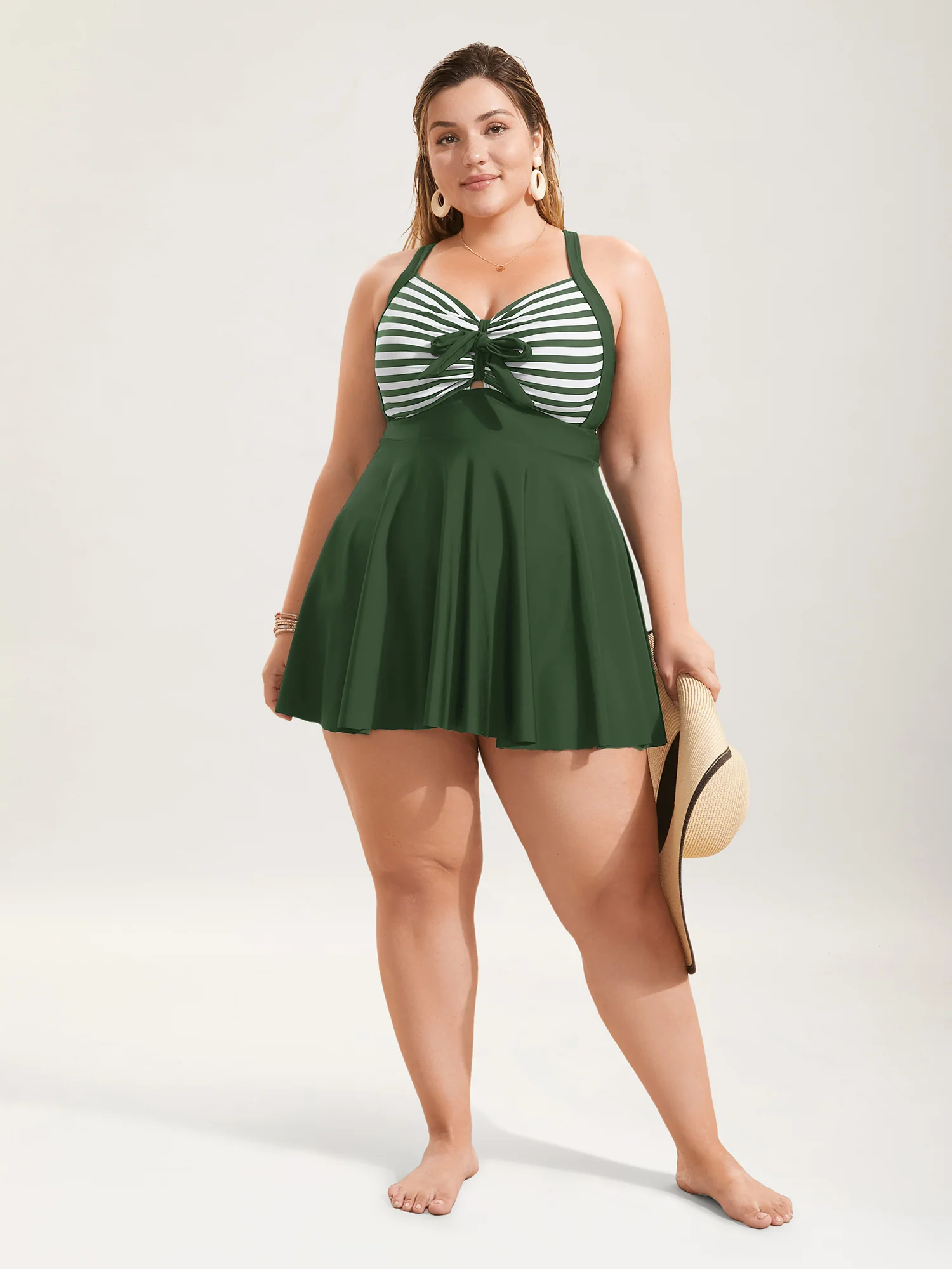 Stripes Patchwork Tie Knot Cross Straps Swim Dress - Image 12
