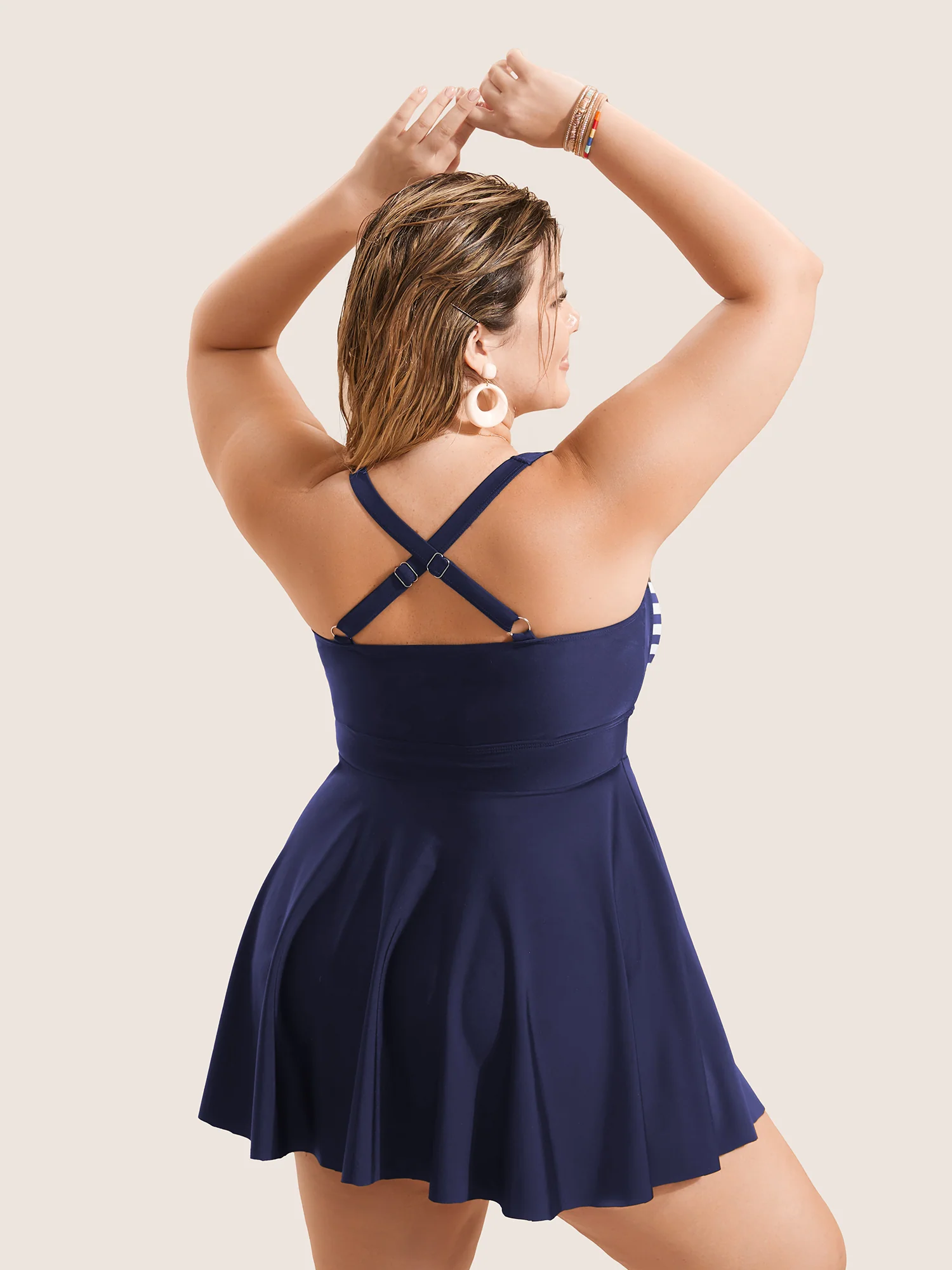 Stripes Patchwork Tie Knot Cross Straps Swim Dress - Image 15