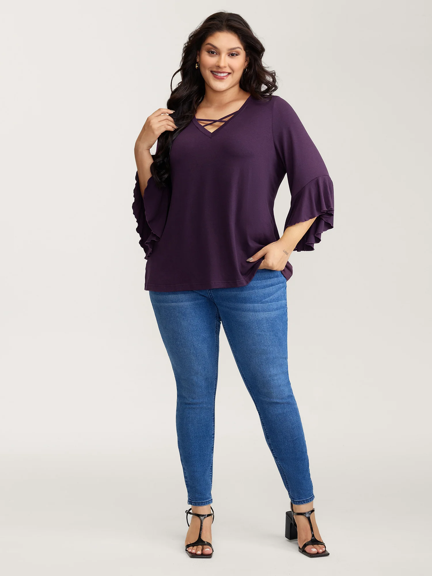 Supersoft Drawstring Neckline Ruffled Sleeve Knit Top - Image 3