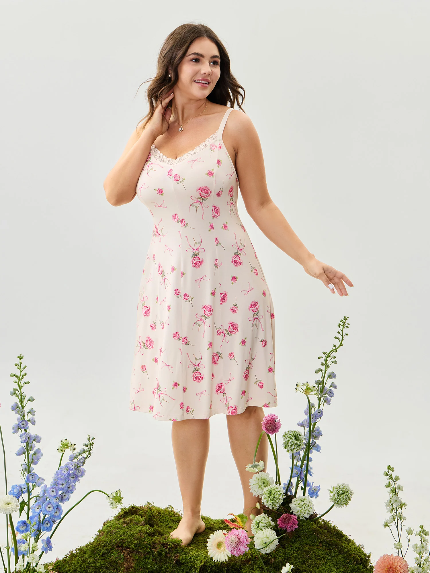 Supersoft Rosy Print Lace Sleep Dress